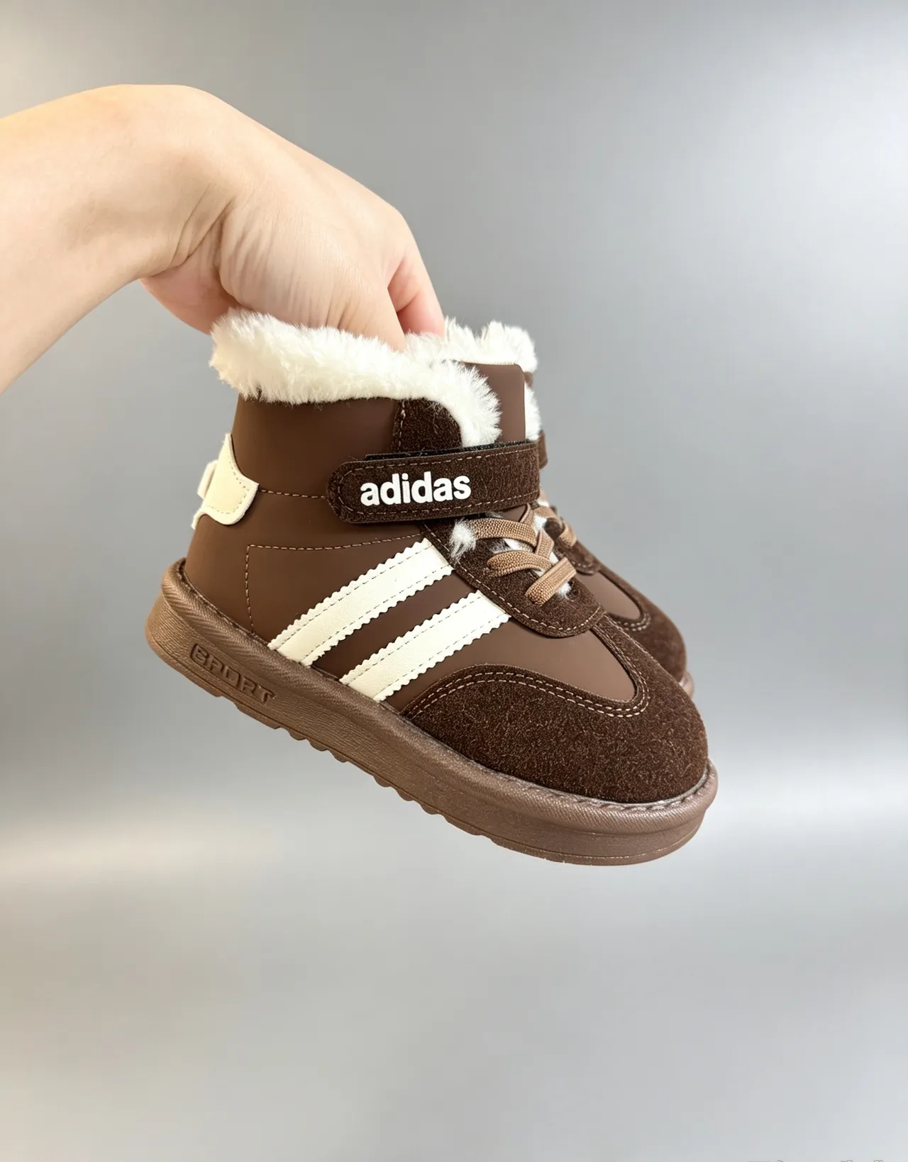 Adidas Brown White Fur-Lined Collar Three-Stripe Side Panel Snow Boots