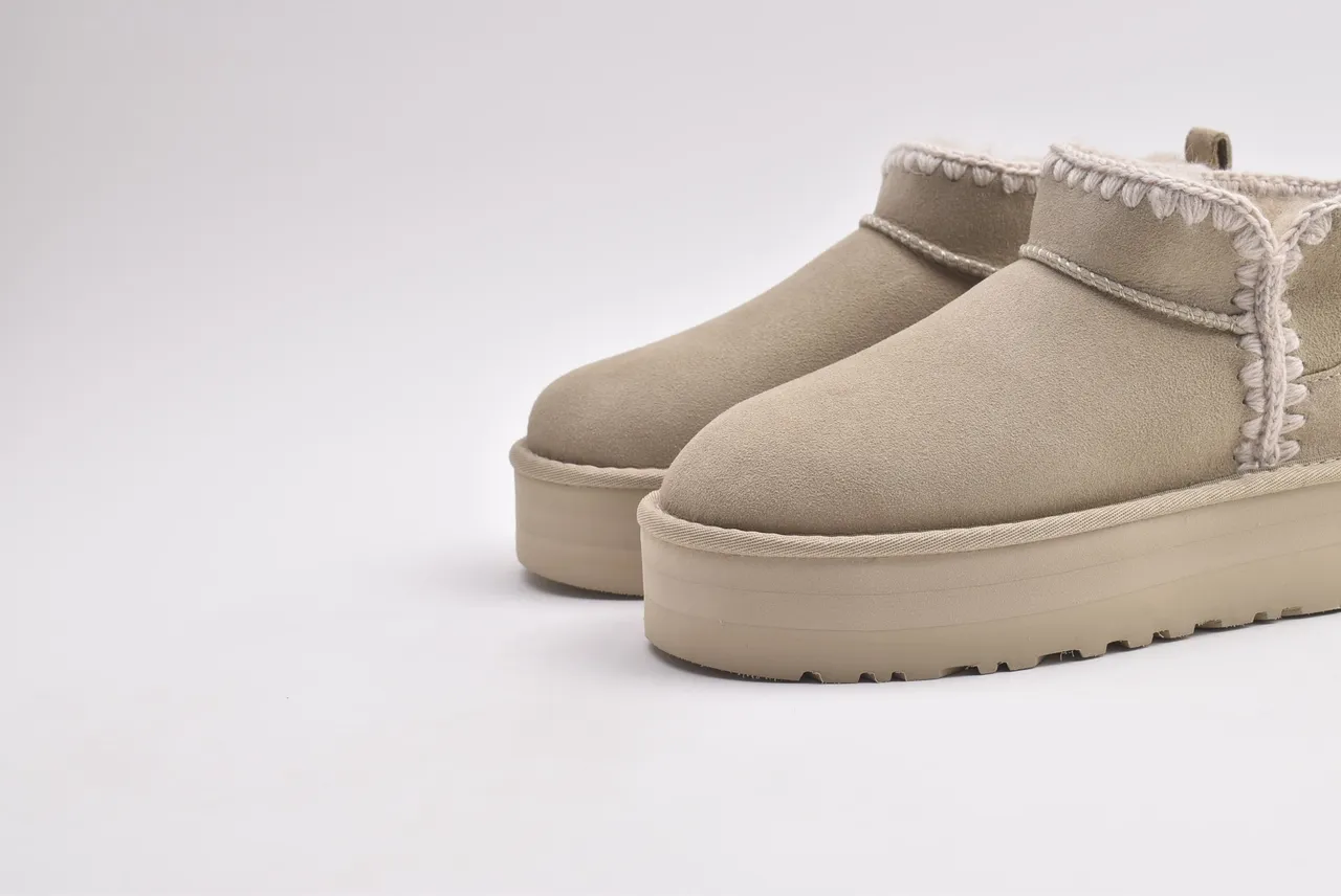 UGG Beige White Platform Sole Braided Trim Snow Boots