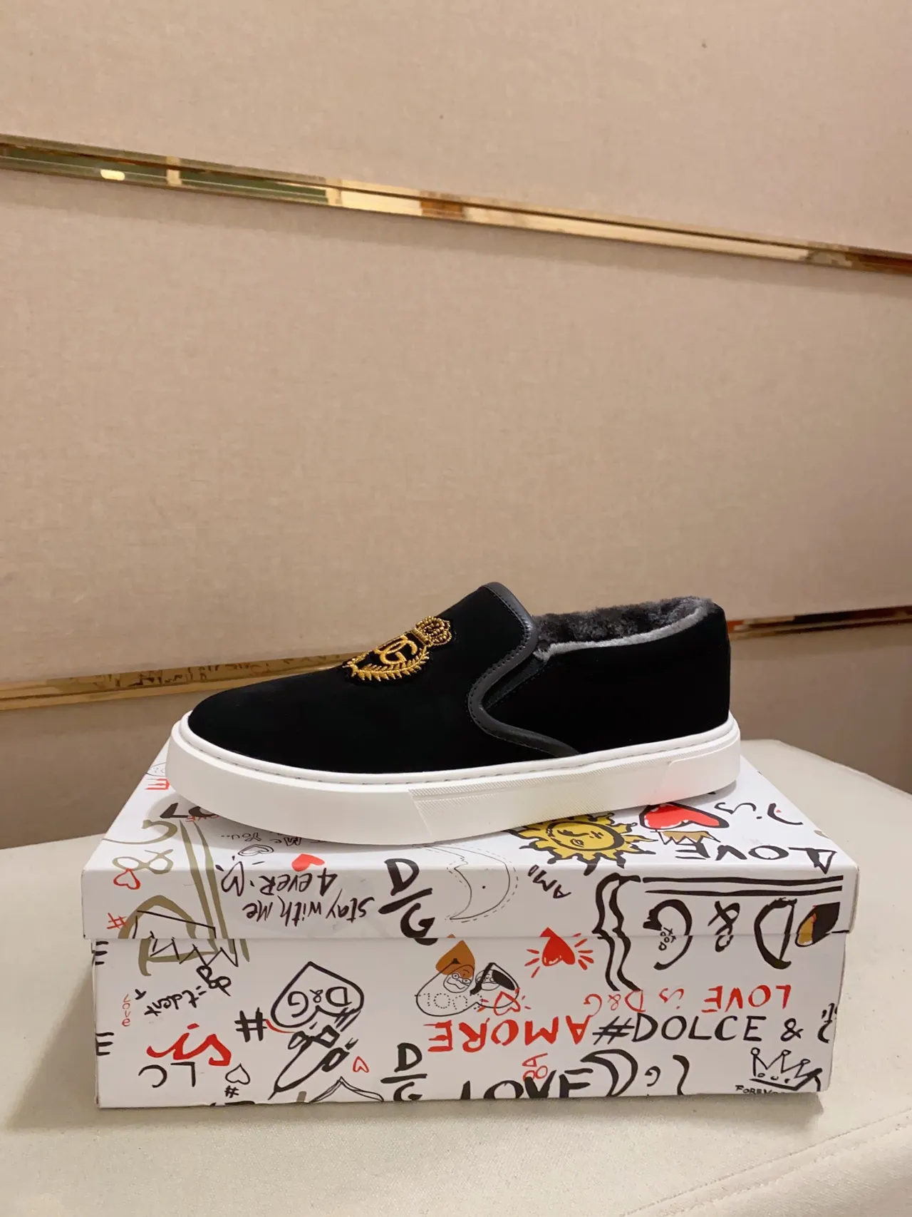 Dolce & Gabbana Portofino Black Gold Slip-On Suede Upper Lifestyle Sneakers