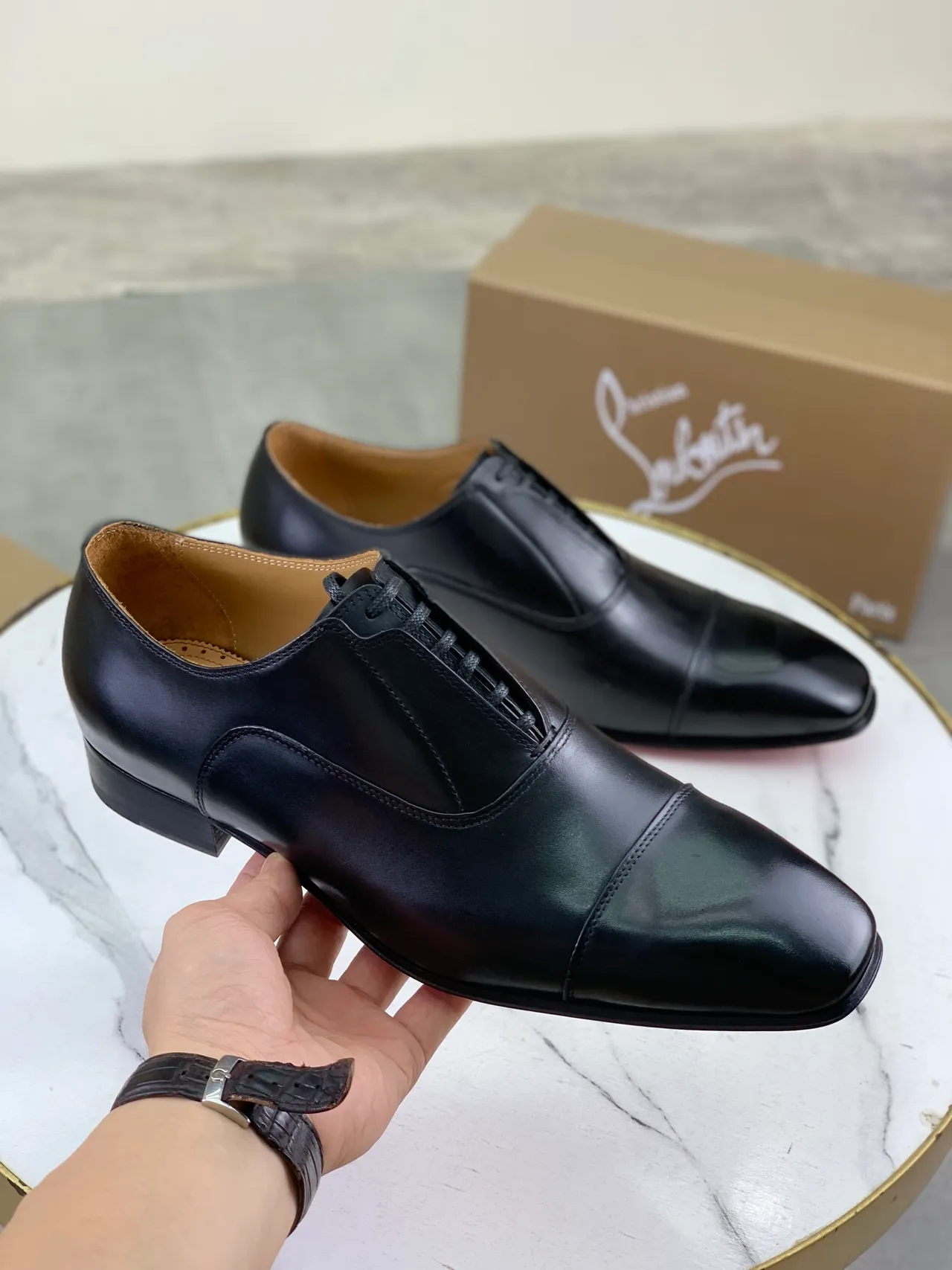 Christian Louboutin Cap-Toe Glossy Black Leather Oxford Shoes