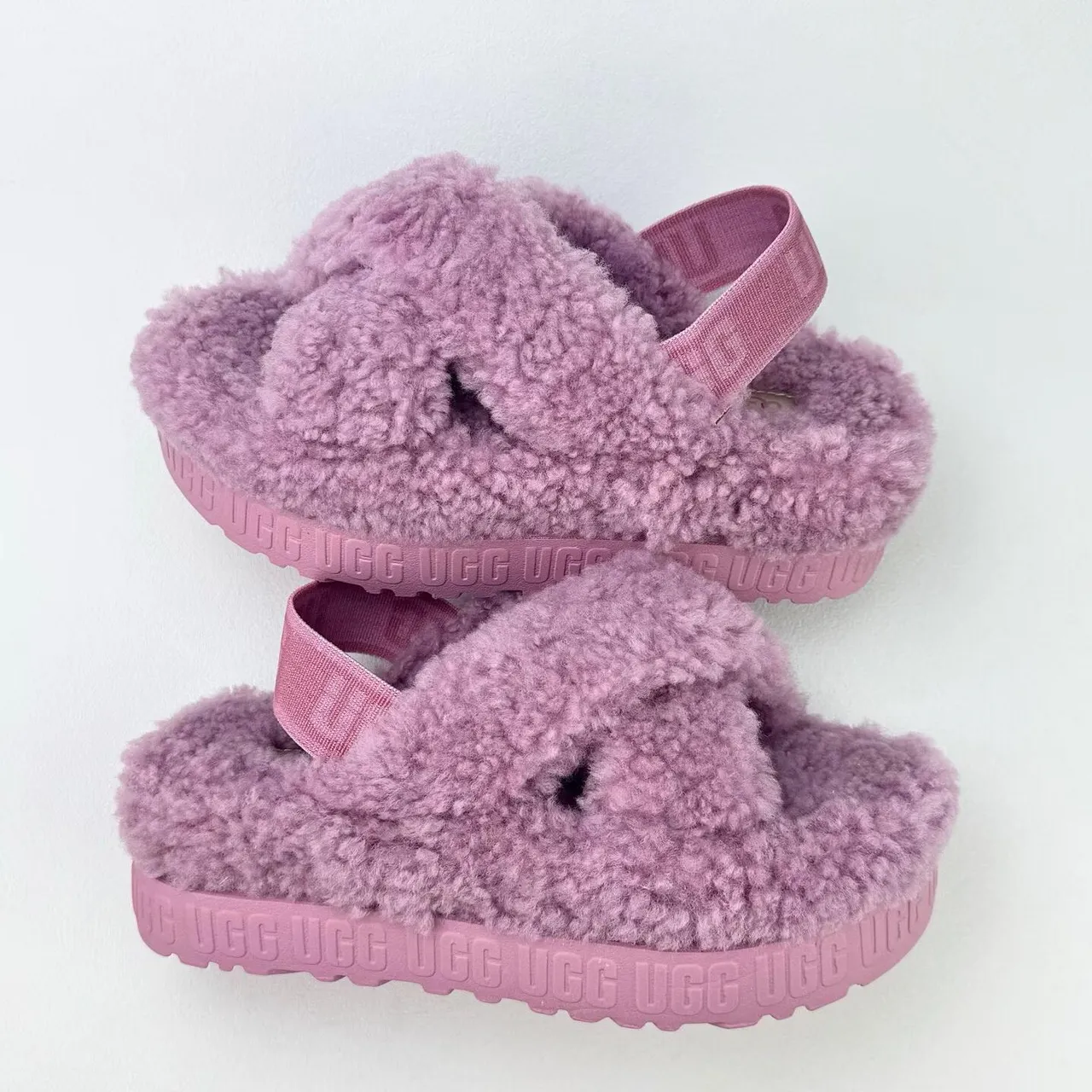 UGG Pink Plush Shearling Upper Cross-Strap Design Slippers