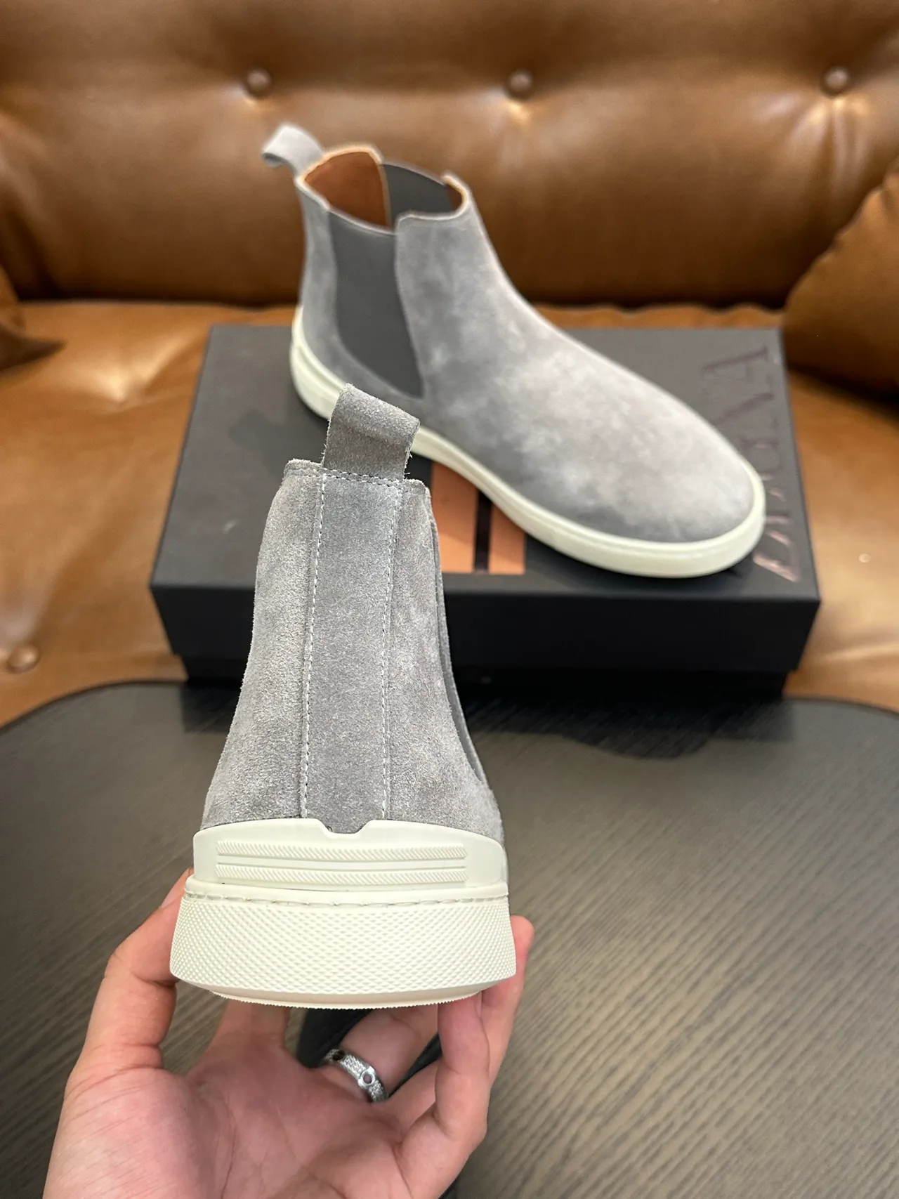 Zegna Gray White Suede Upper Elastic Side Gussets Chelsea Boots