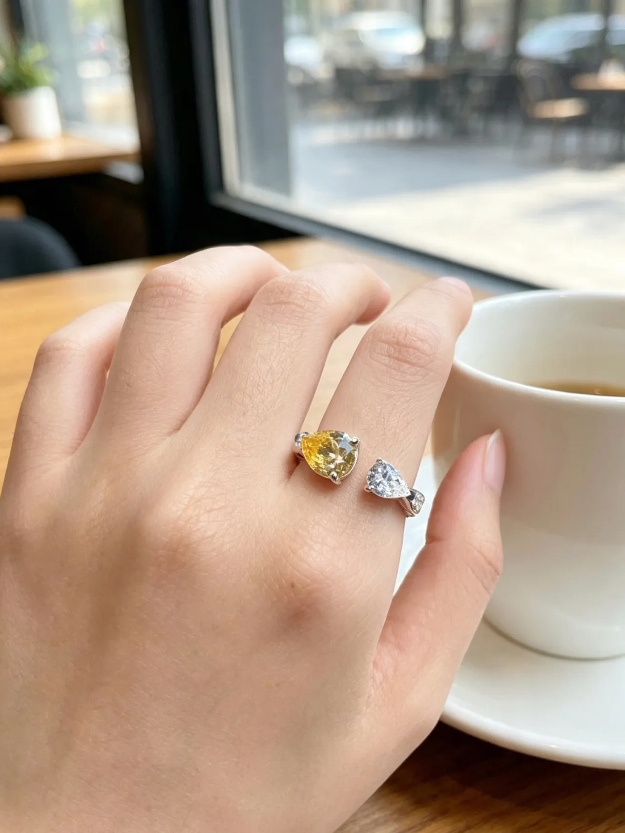 Yellow and Clear Pear-Cut Dual-Stone Asymmetrical Rings