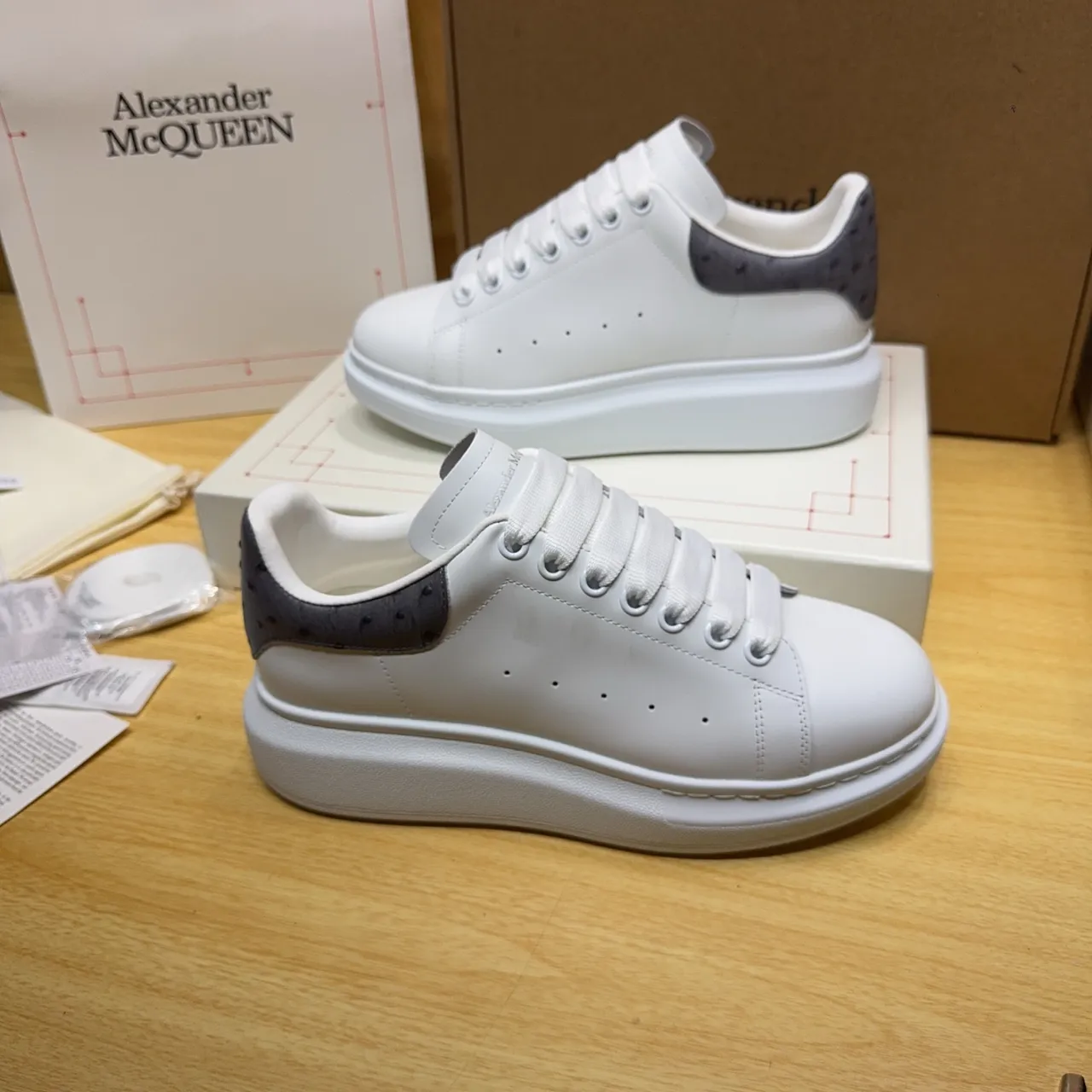 Alexander McQueen Oversized Sneaker White Gray Platform Sole Ostrich-Textured Heel Lifestyle Sneakers