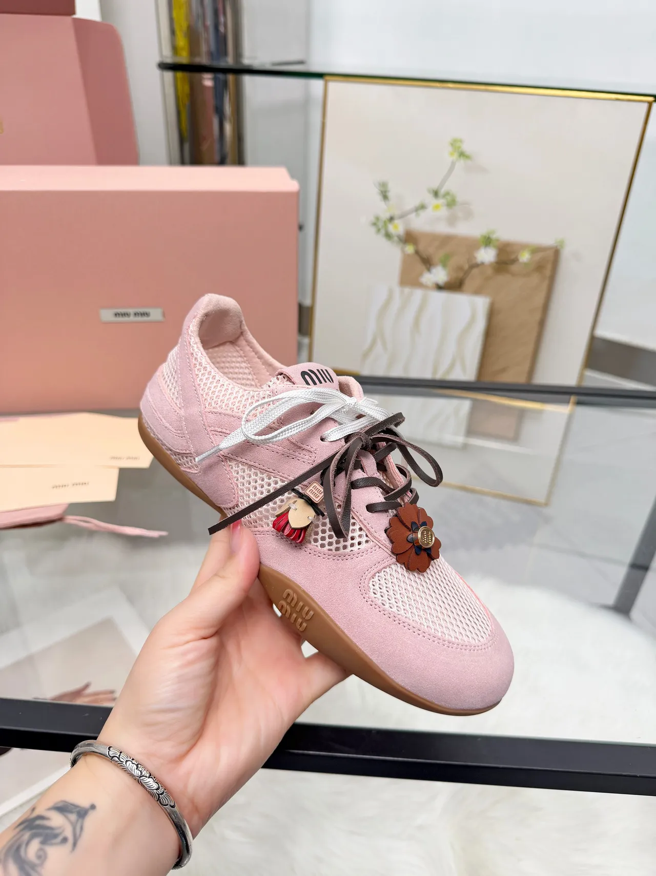 Miu Miu Pink Brown Suede And Mesh Upper Dual-Tone Laces Lifestyle Sneakers