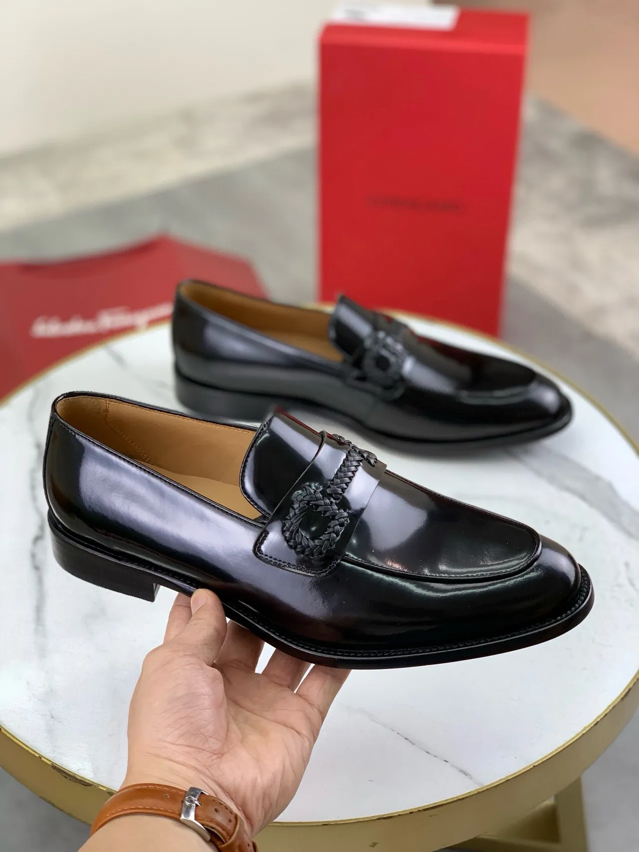 Salvatore Ferragamo Gancini Loafer Black Patent Leather Loafers