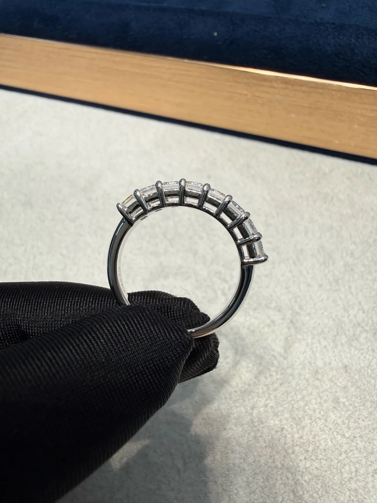 Tiffany & Co. Silver Navy Emerald-Cut Diamonds Shared-Prong Setting Ring