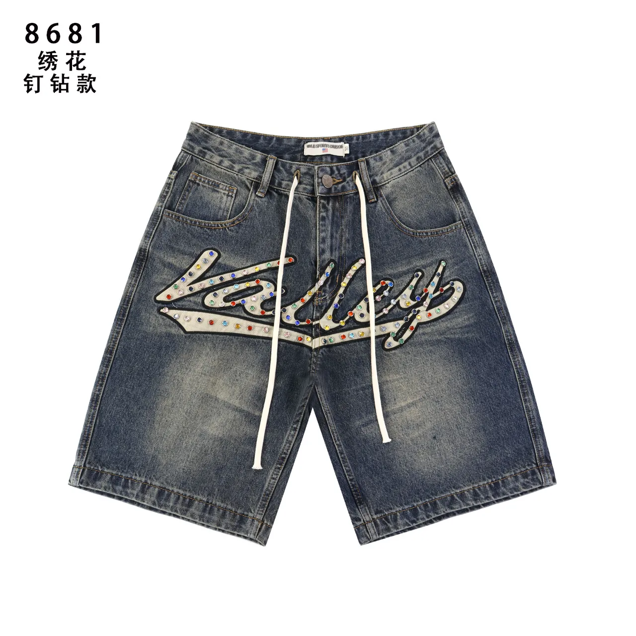 Embroidered Rhinestone Script Drawstring Waist Denim Shorts