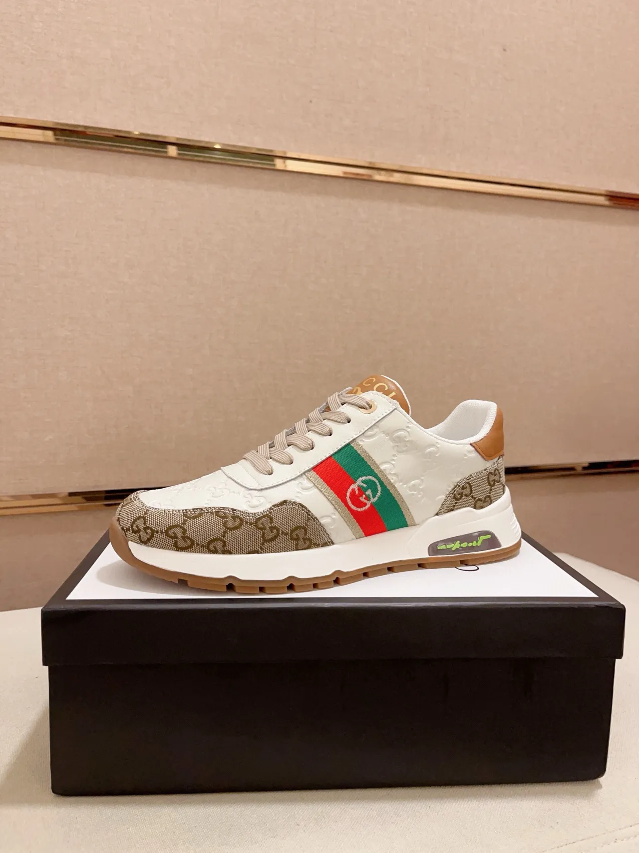 Gucci White Beige GG Monogram Canvas Web Stripe Accent Lifestyle Sneakers