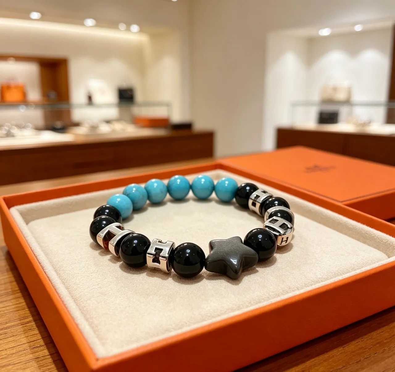 Hermès H Collection Black Blue Beaded Stretch Hardware Bracelet