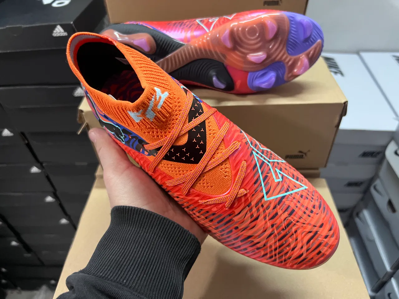 Puma Orange Blue High-Cut Knit Collar Flame-Pattern Graphic Overlay Firm-Ground Soccer Shoes