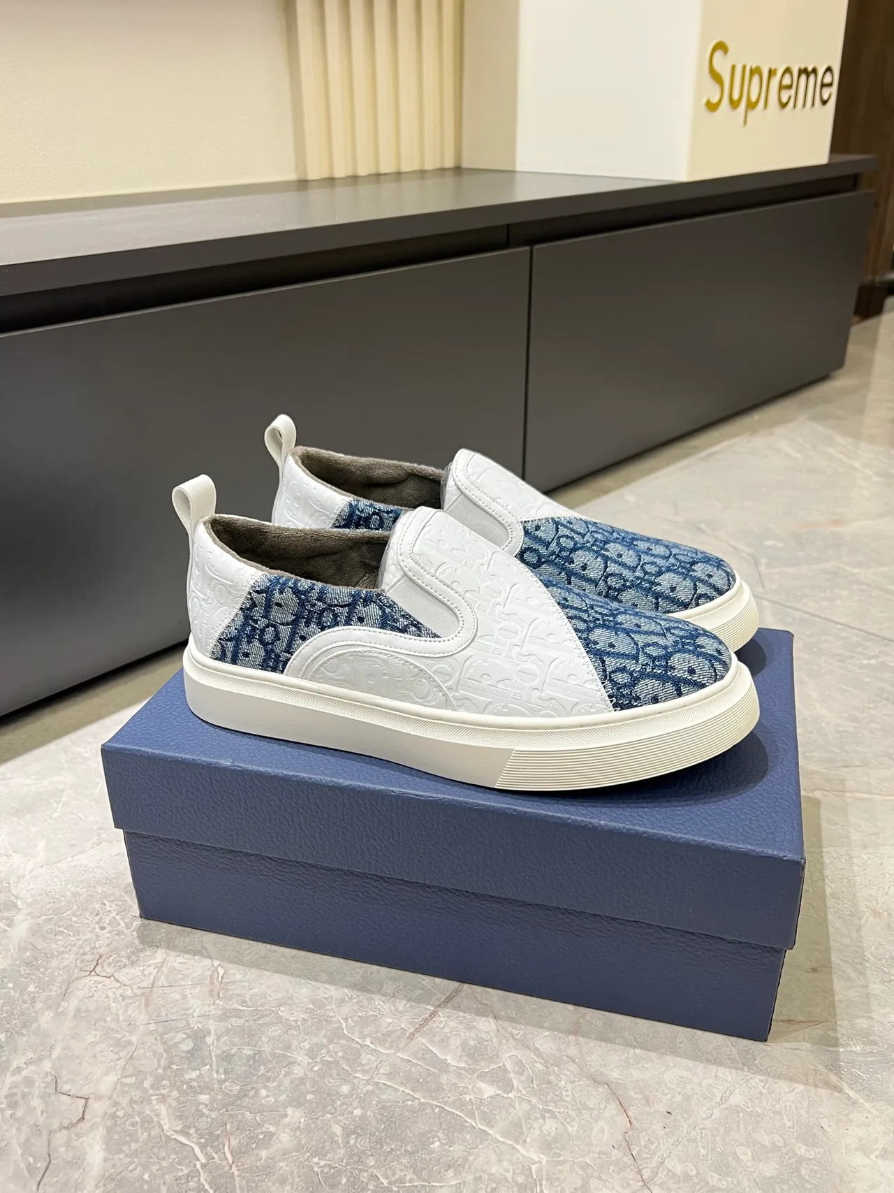 Dior White Navy Slip-On Embossed Leather Lifestyle Sneakers