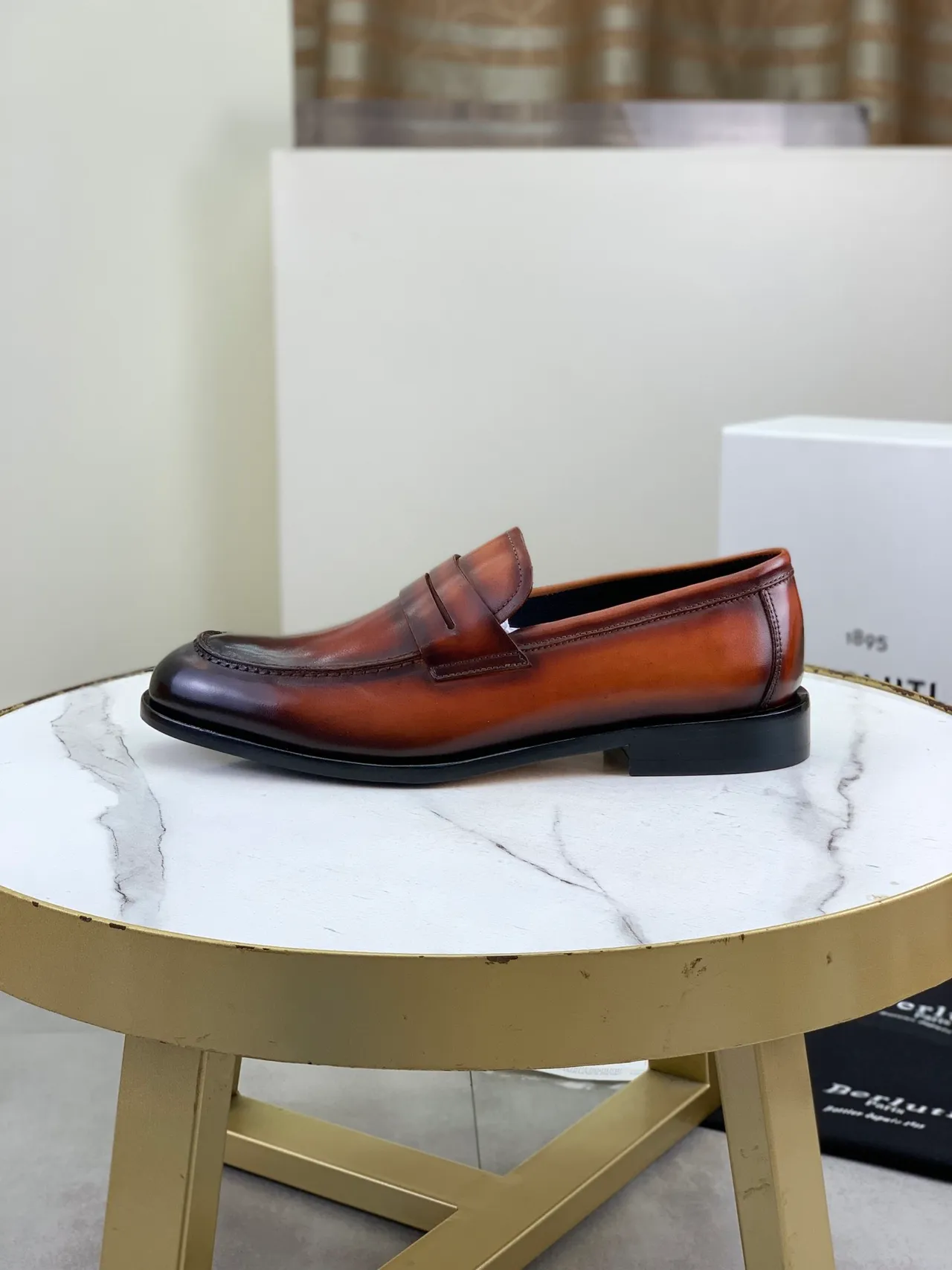 BERLUTI Brown Black Burnished Leather Penny Strap Loafer