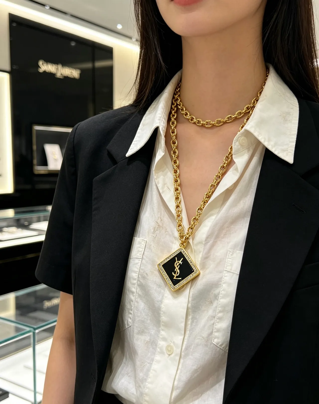 Saint Laurent Square Monogram Pendant Gold Black Curb Chain Enamel Necklace