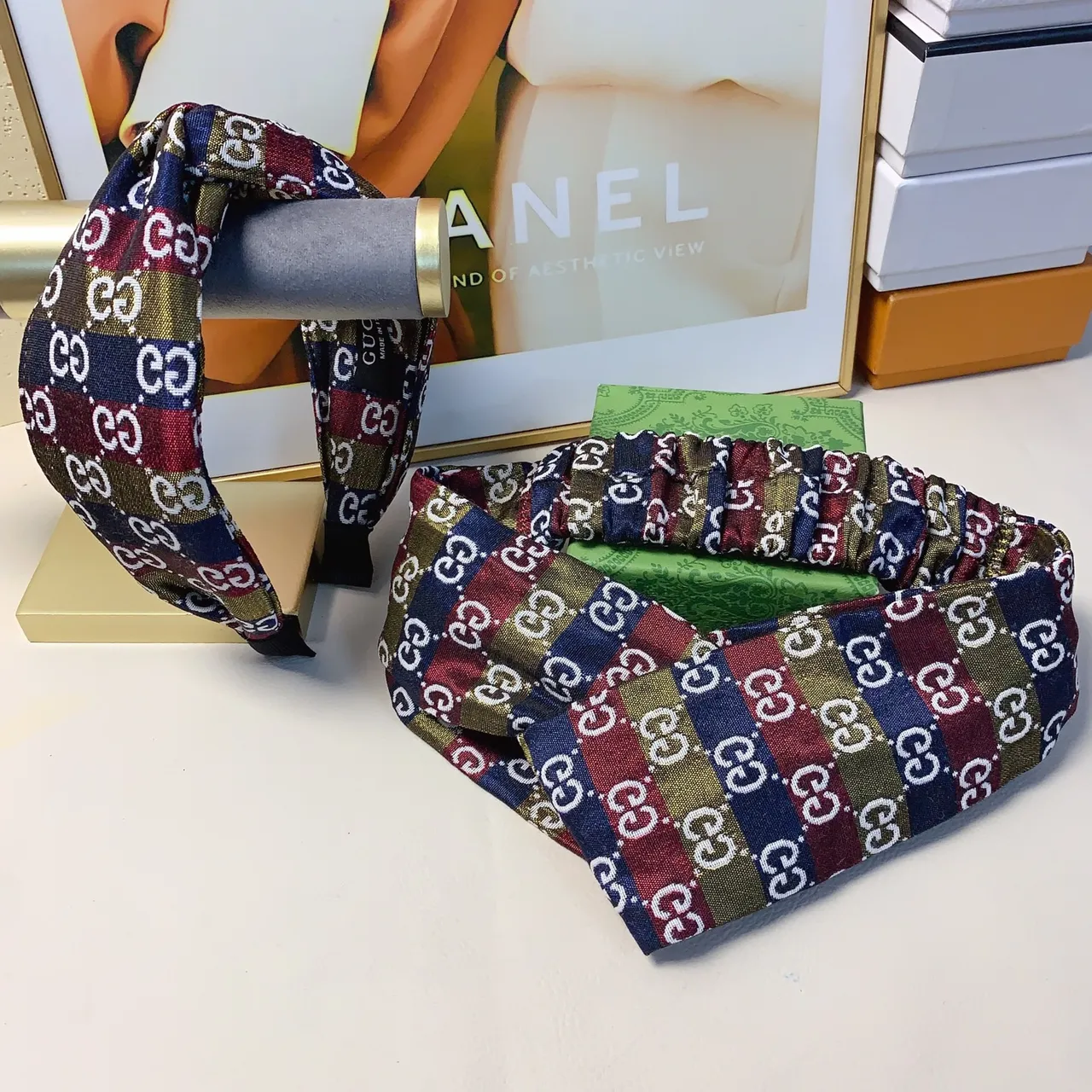 Gucci Multicolor Navy Interlocking GG Monogram Elastic Gathered Center Silk Scarf