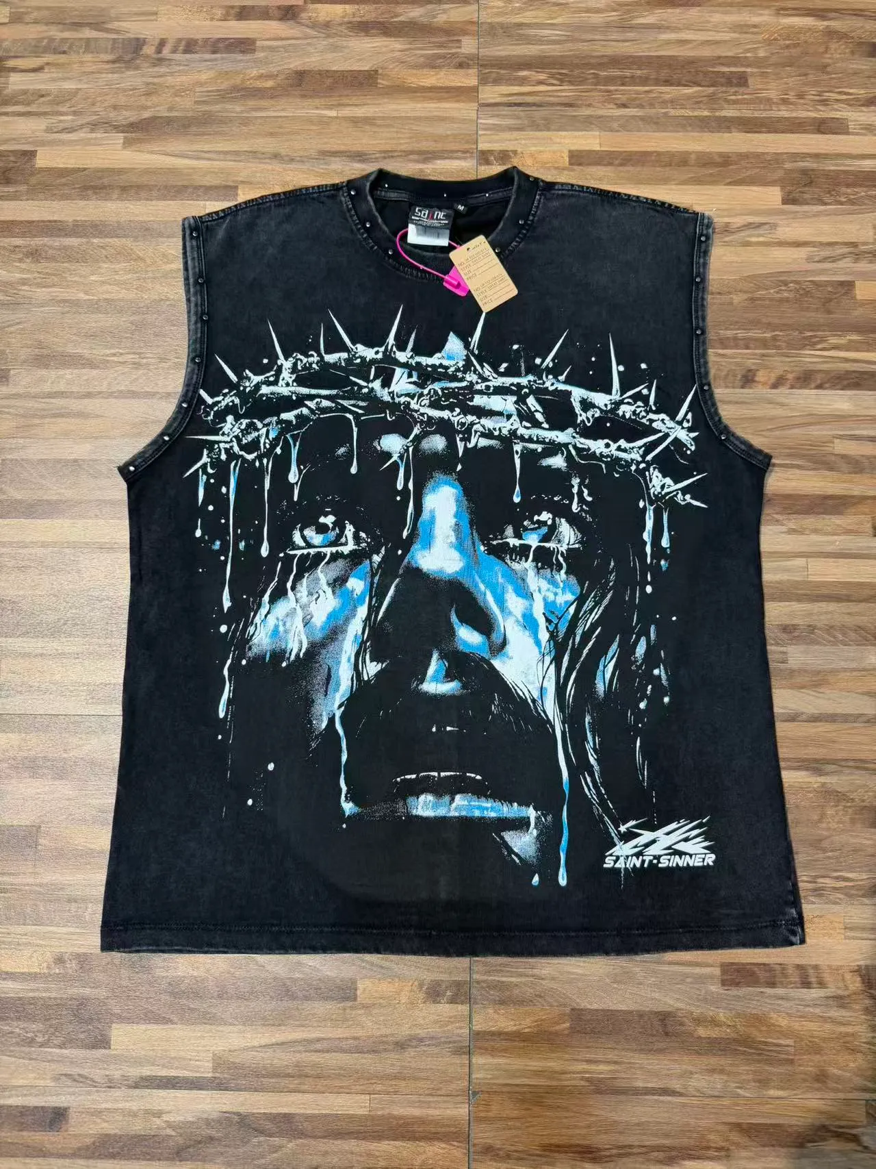 SAINT-SINNER Burgundy Black Graphic-Print Studded Shoulders Vest Top