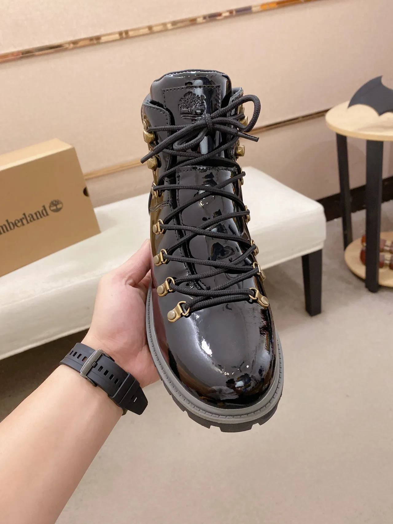 Timberland Black Gray Glossy Patent Leather Upper Gold-Tone Metal Hardware Work Boots