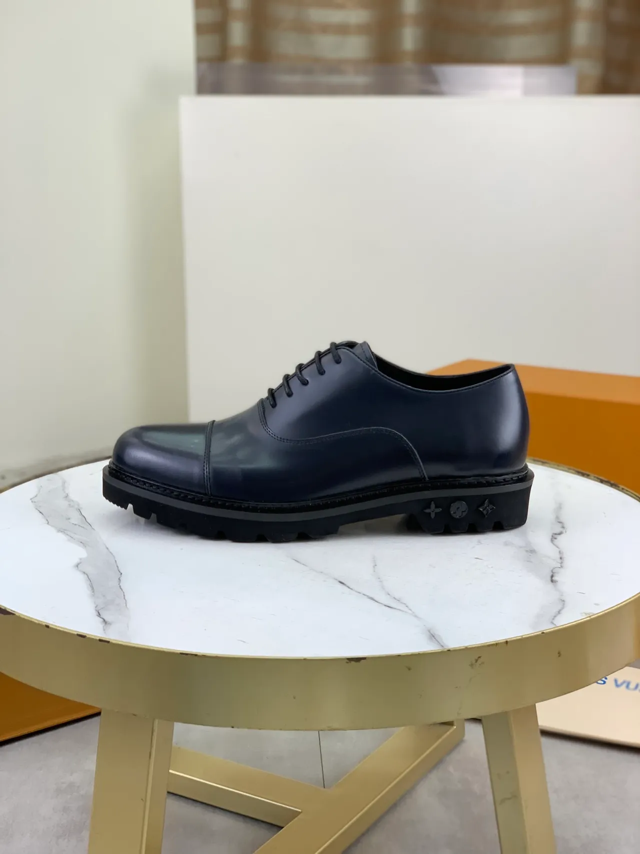 Louis Vuitton Navy Black Cap-Toe Polished Leather Oxford Shoes