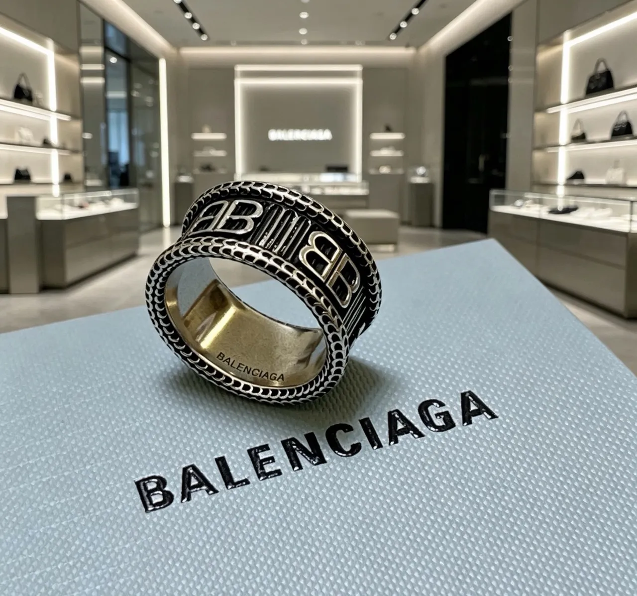 Balenciaga Logo Ring Silver Black Wide Band Engraved Ring