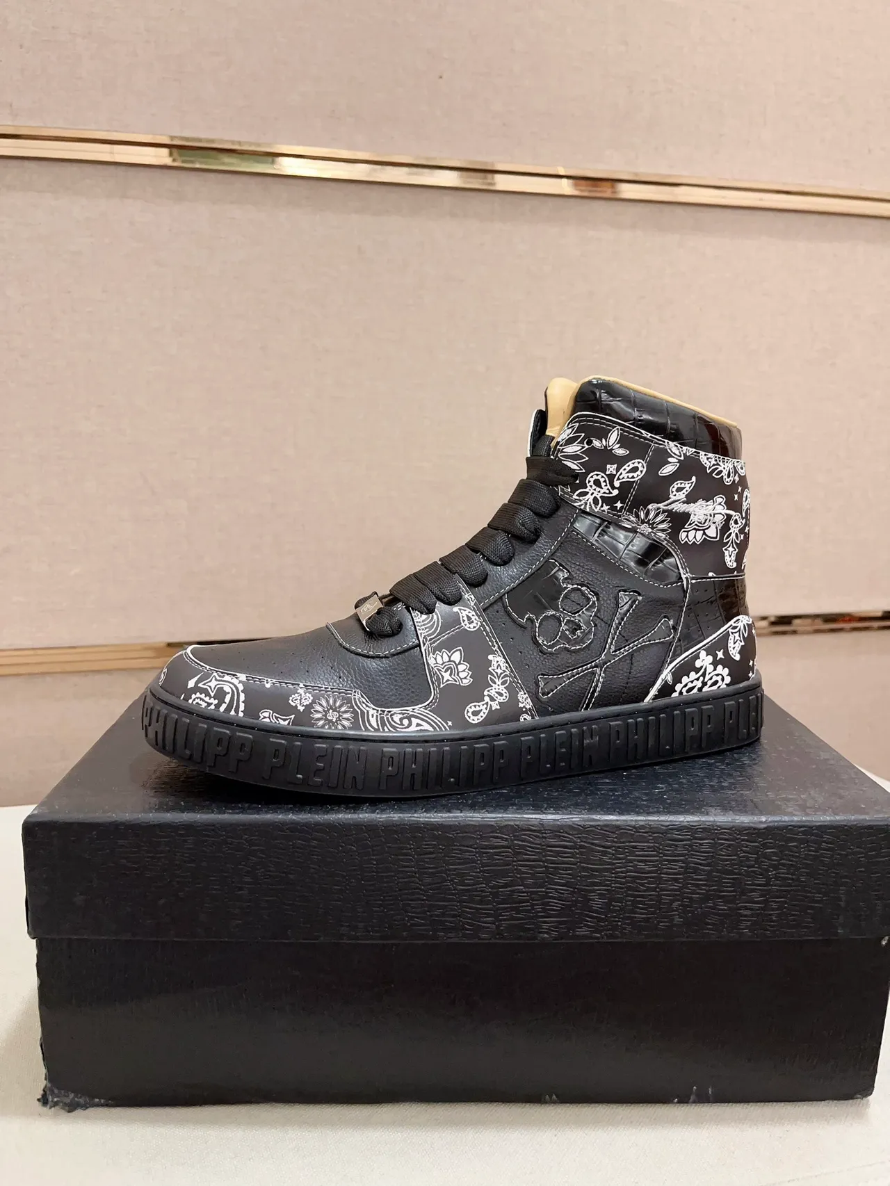 Philipp Plein Black White High-Top Bandana-Print Leather Sneakers