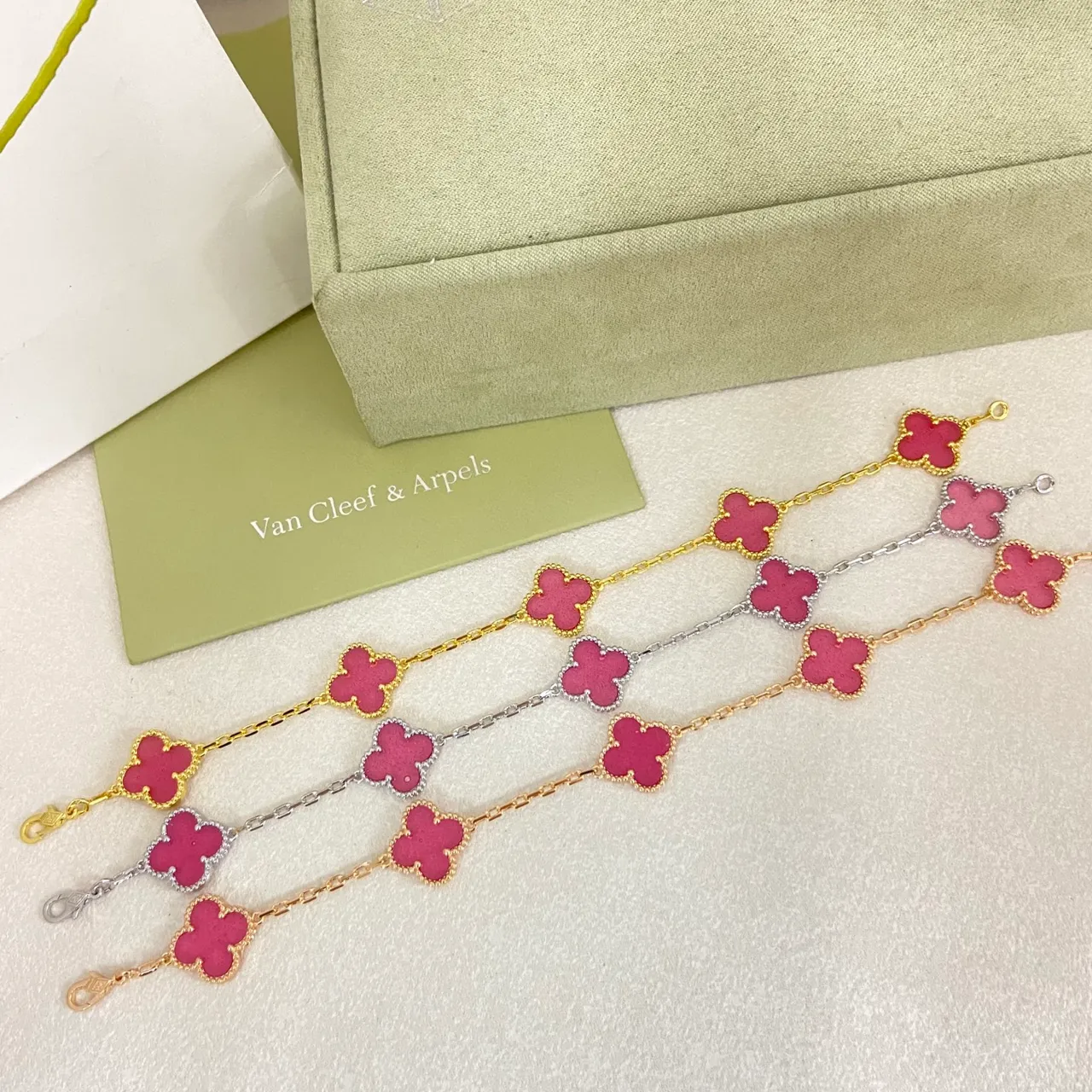 Van Cleef & Arpels Alhambra Pink Enamel Gold and Silver Bracelet