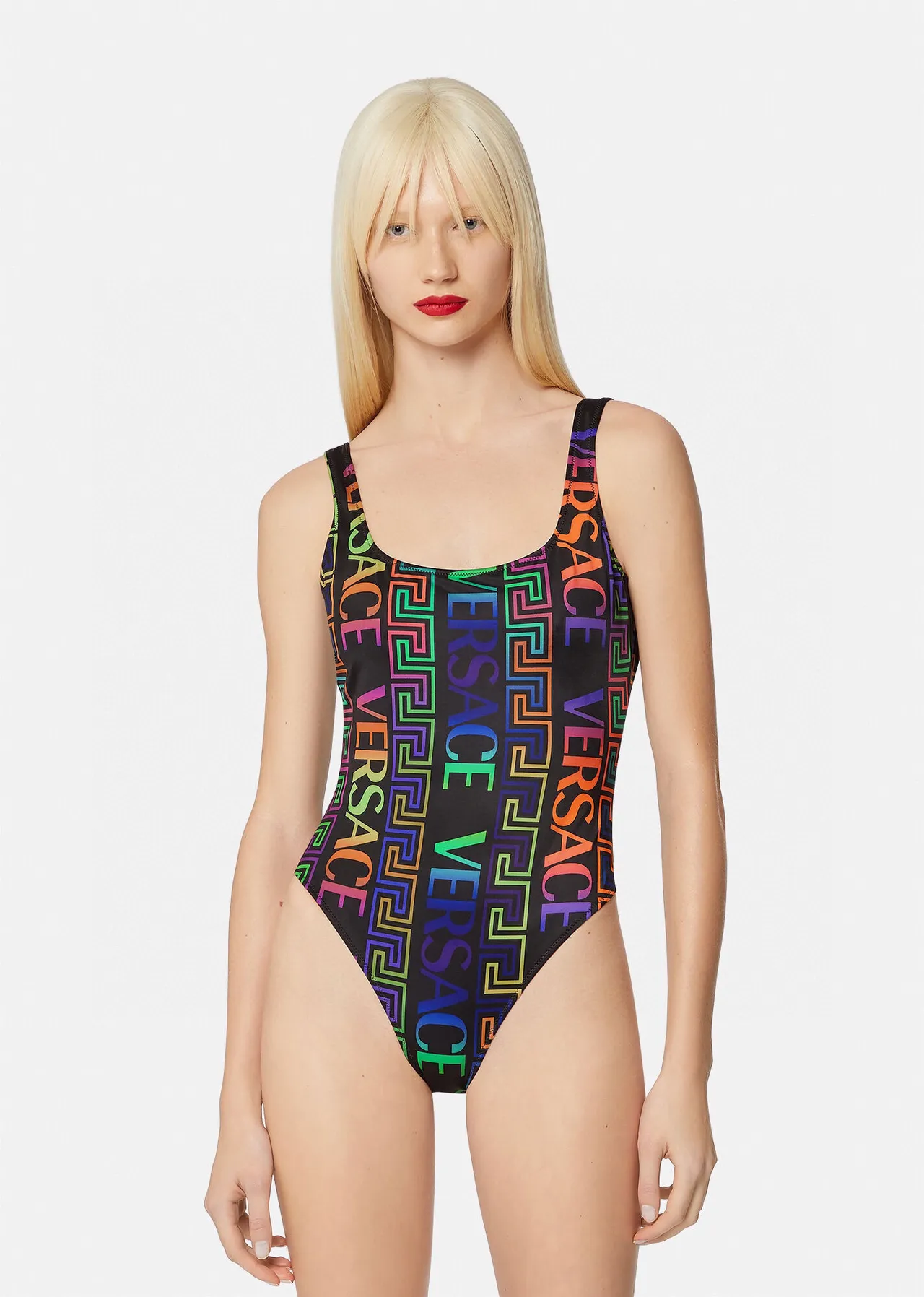 Versace Black Multicolor Square-Neck Thin-Strap Swimwear