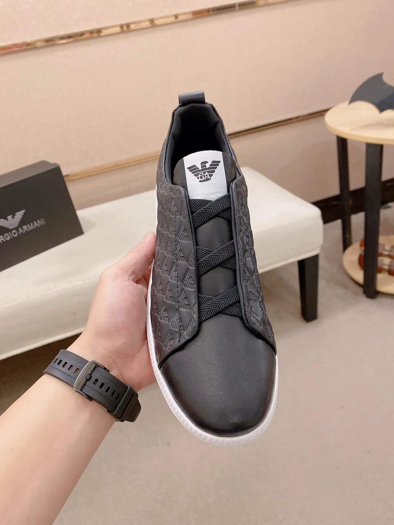 Emporio Armani Black White Slip-On Quilted Eagle-Motif Upper Lifestyle Sneakers