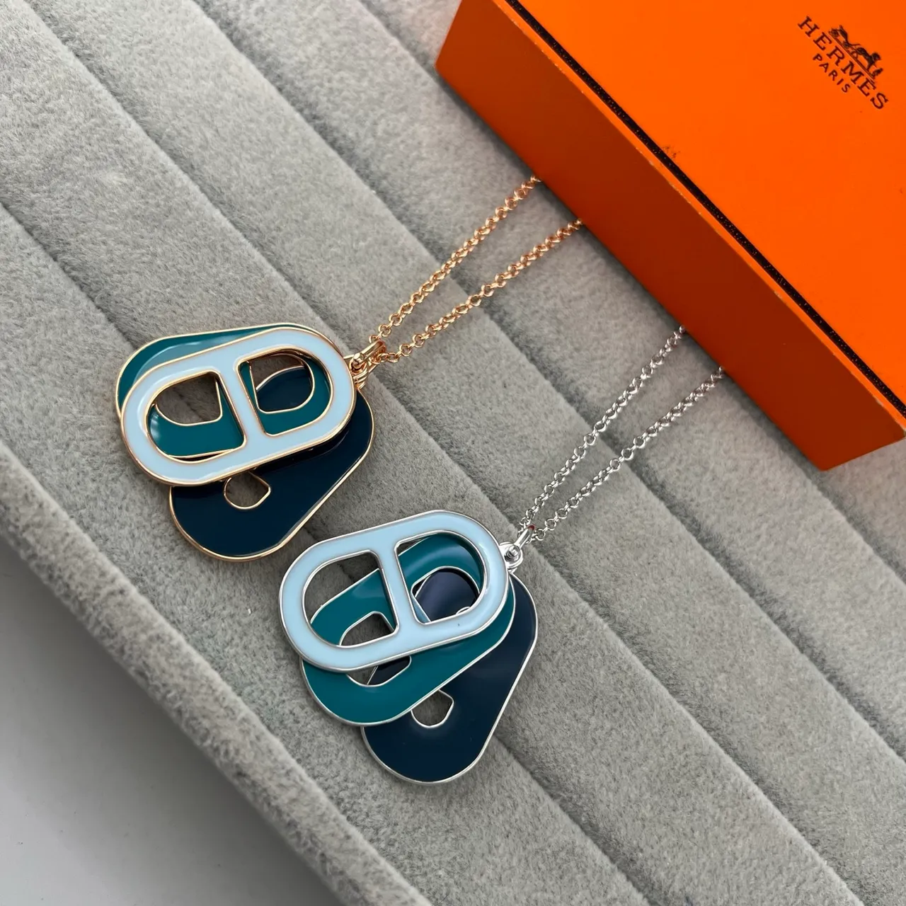 Hermès Chaine d'Ancre Blue Navy Enamel Layered Pendant Double-Loop Anchor Motif Necklace