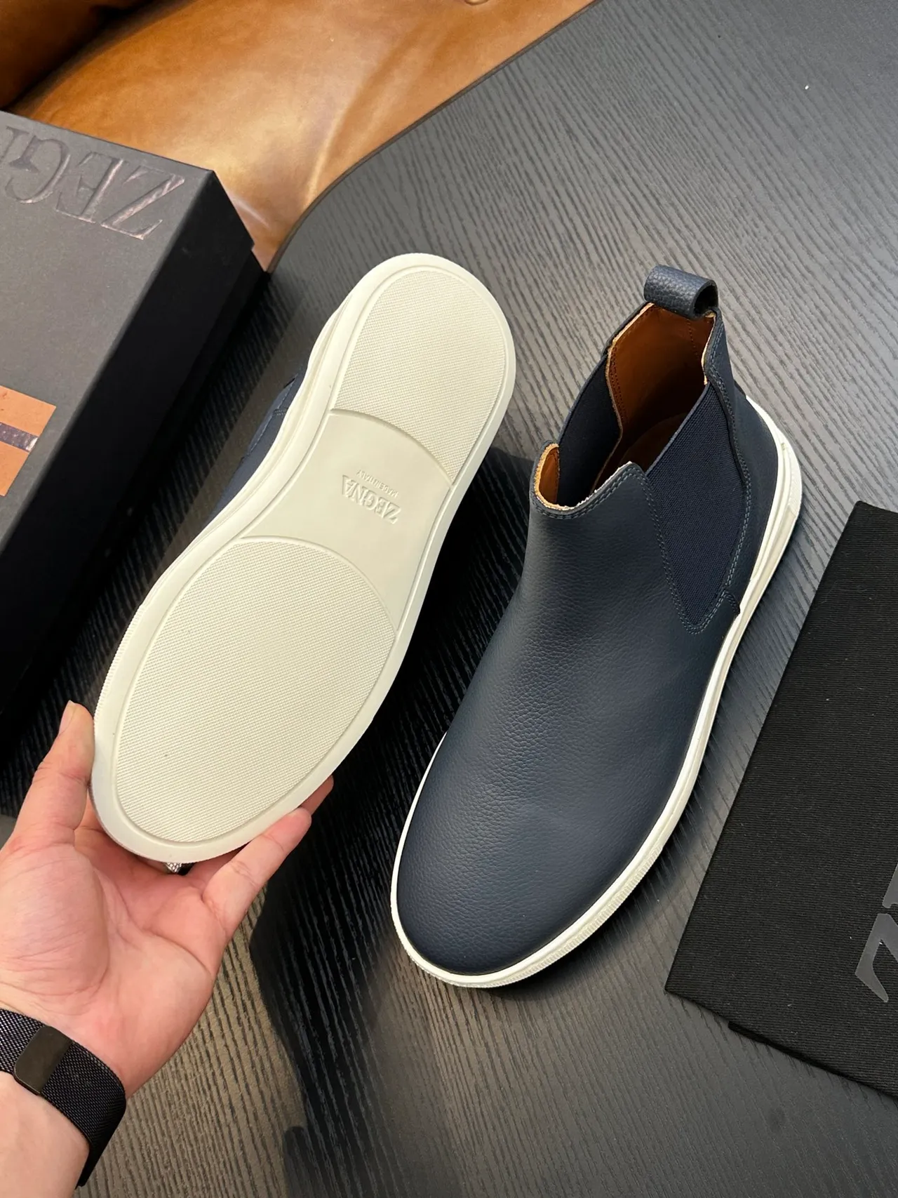 Zegna Blue White Textured Leather Upper Navy Elastic Side Gusset Chelsea Boots