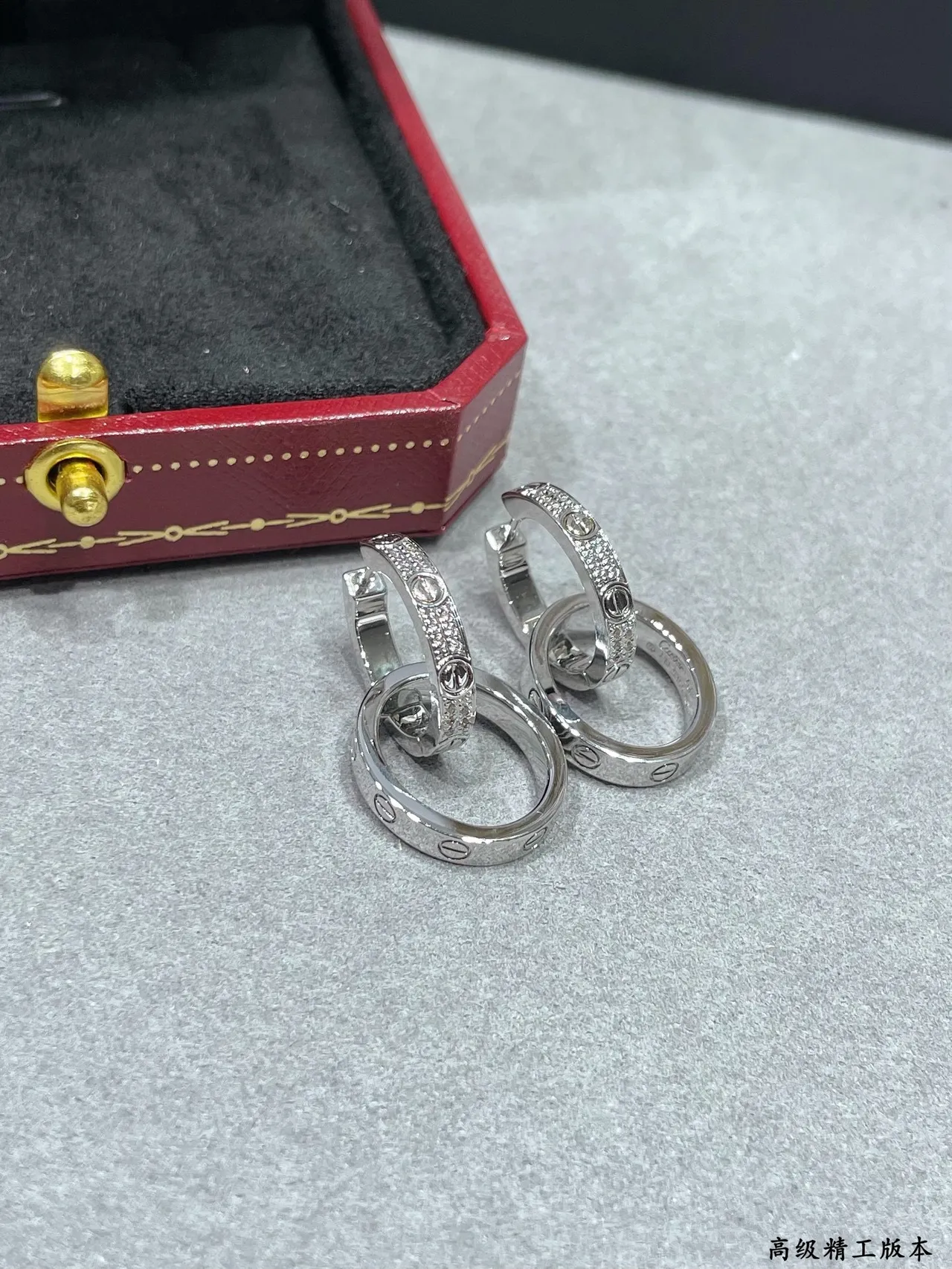 Cartier Juste un Clou Silver Gold Interlocking Double Hoops Pavé-Set Stones Earrings