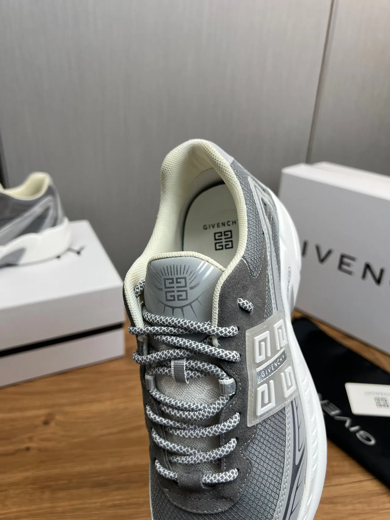 Givenchy Gray White Sole Mesh-Suede Hybrid Upper Chunky Sneakers