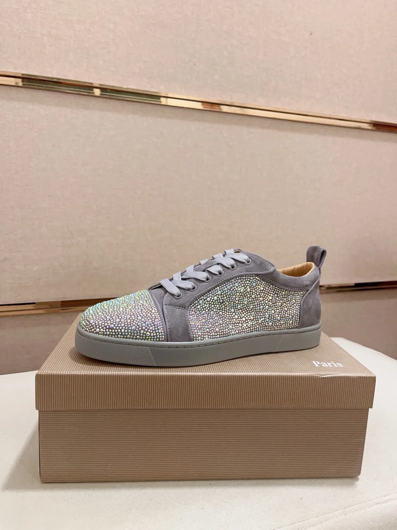 Christian Louboutin Gray Suede Crystal-Embellished Low-Top Sneaker