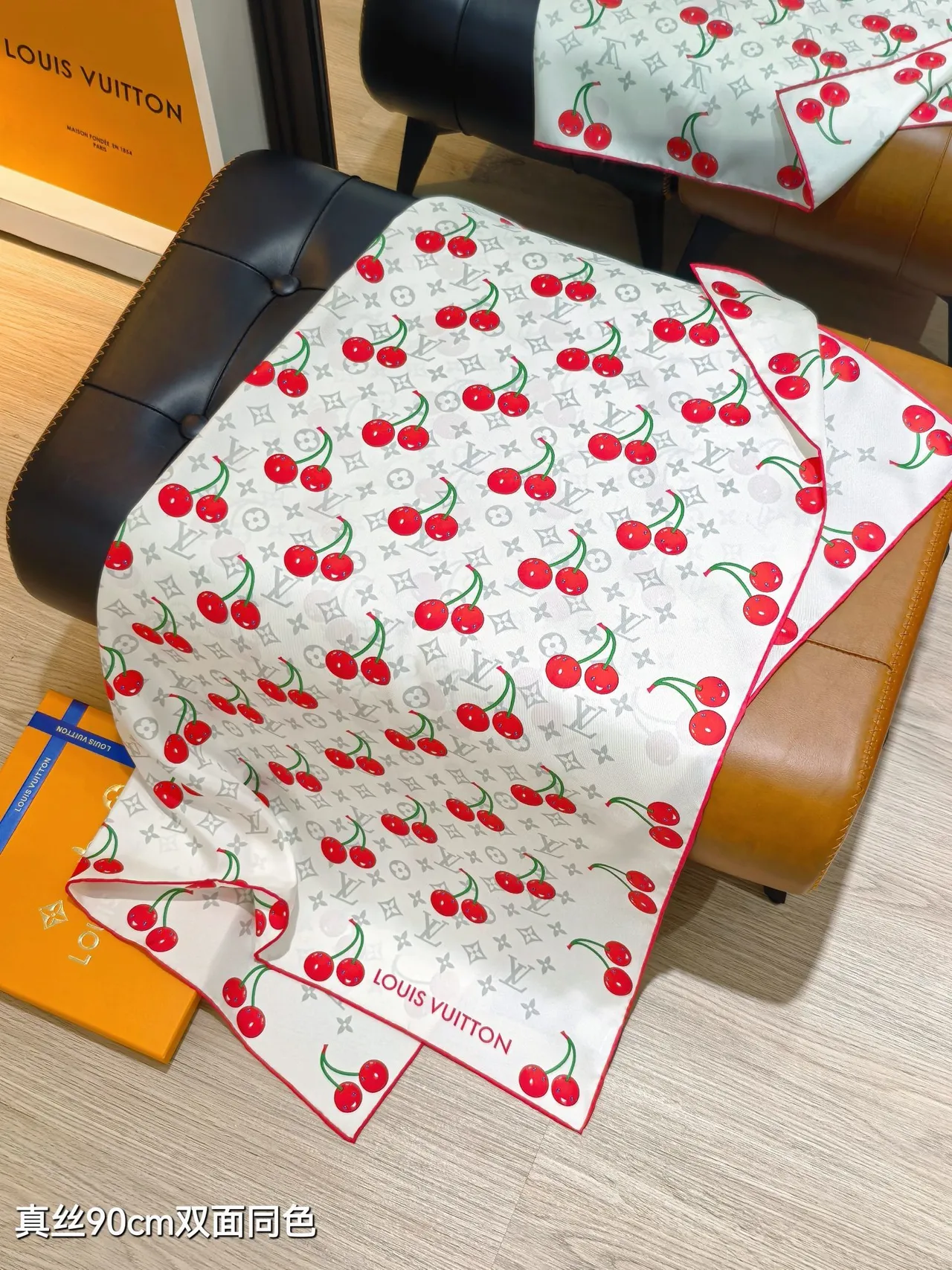 Louis Vuitton LV x TM Monogram Cerise White Red Square Cherry Print Silk Scarf