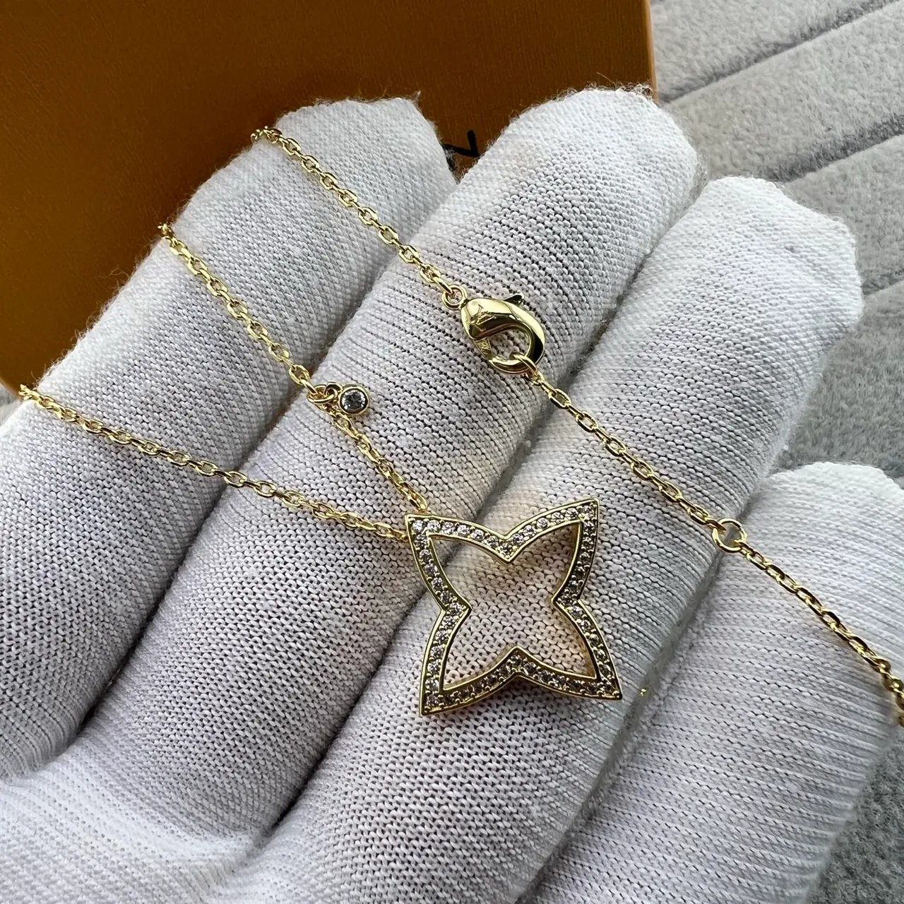 Louis Vuitton Monogram Star Gold Silver Openwork Pendant Pavé-Set Stones Necklace