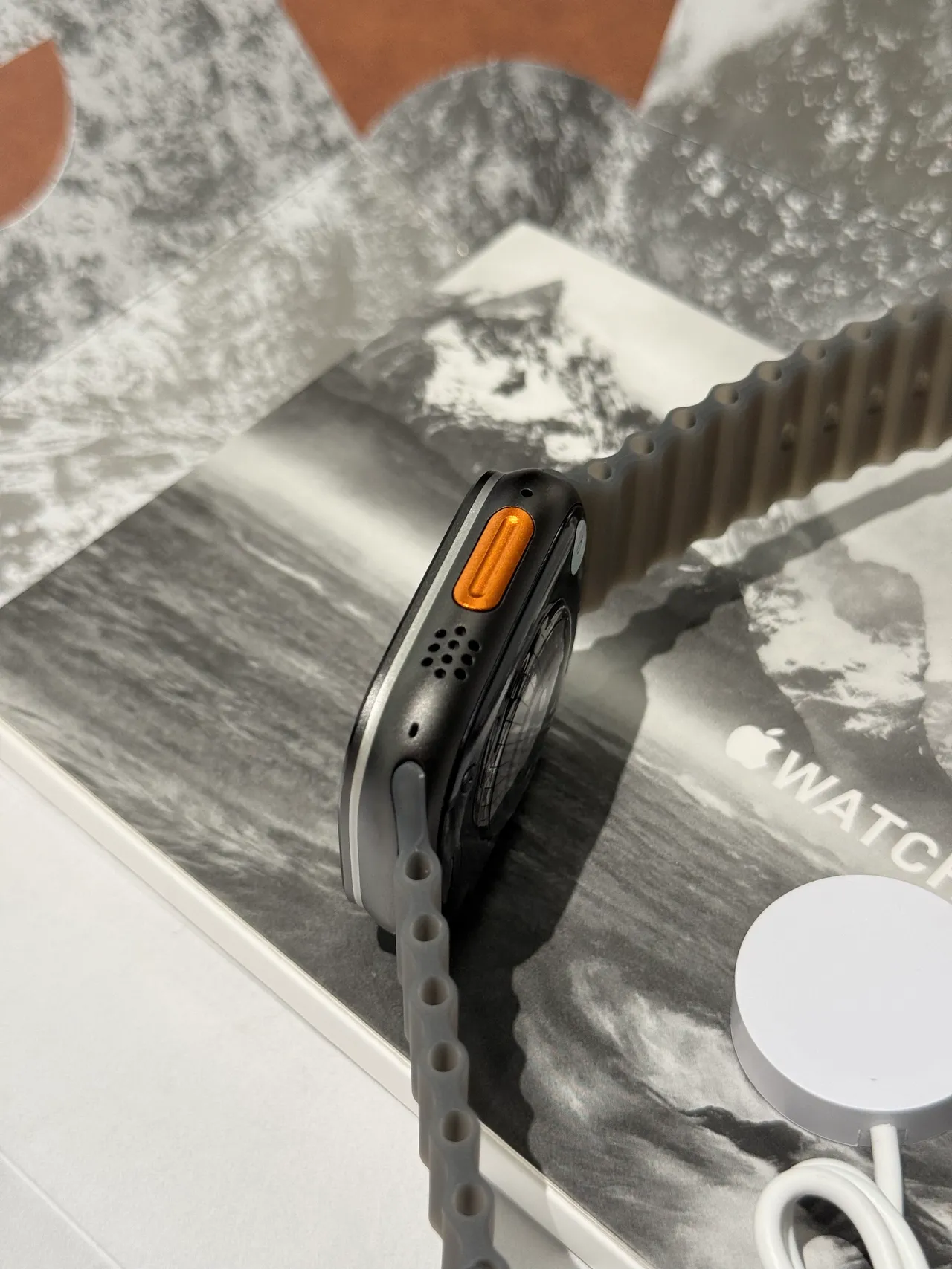 Apple Ultra Gray Orange Square Titanium-Style Case Ribbed Silicone Band Sports Watch