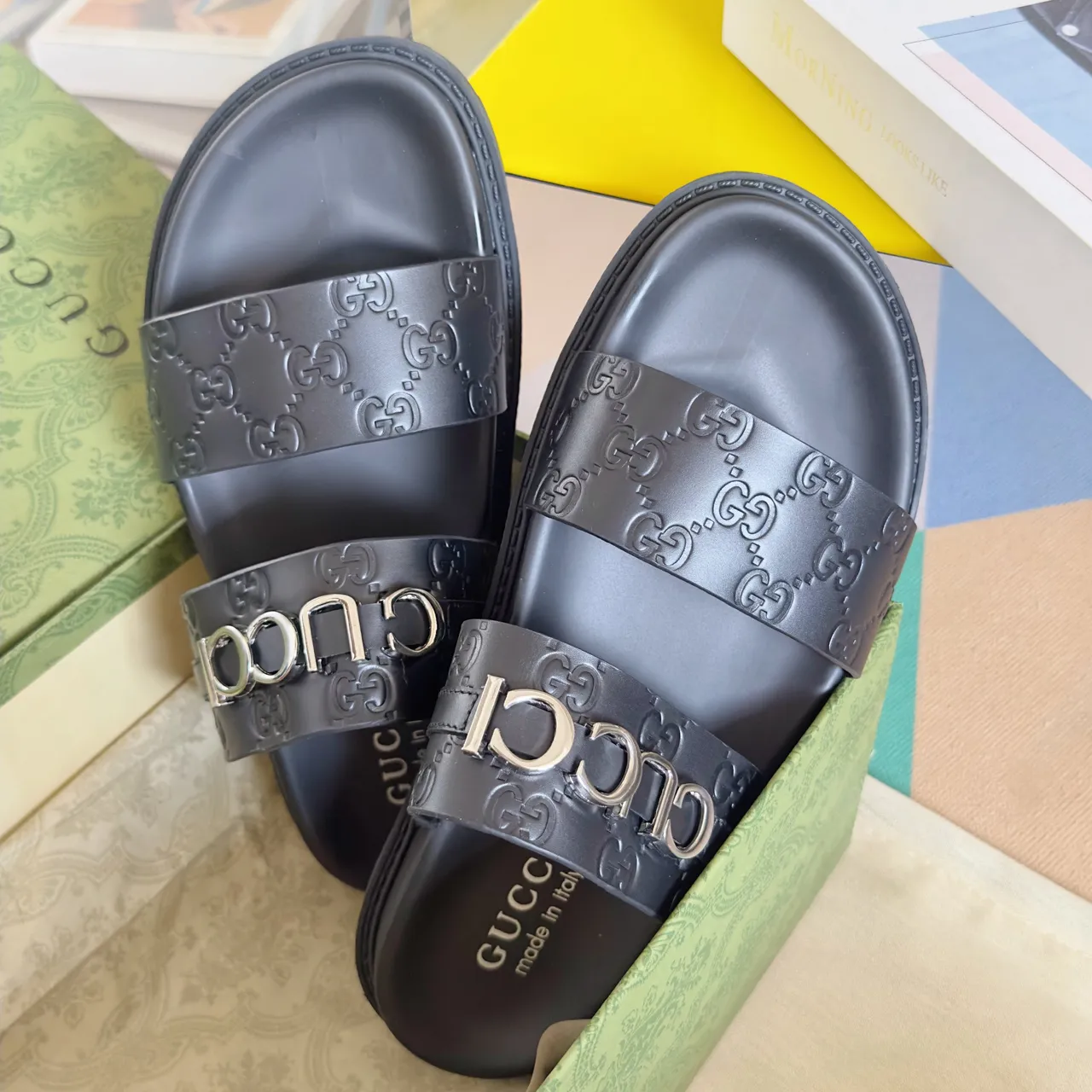 Gucci Ophidia Black Gold Embossed GG Monogram Interlocking G Buckles Casual Sandals