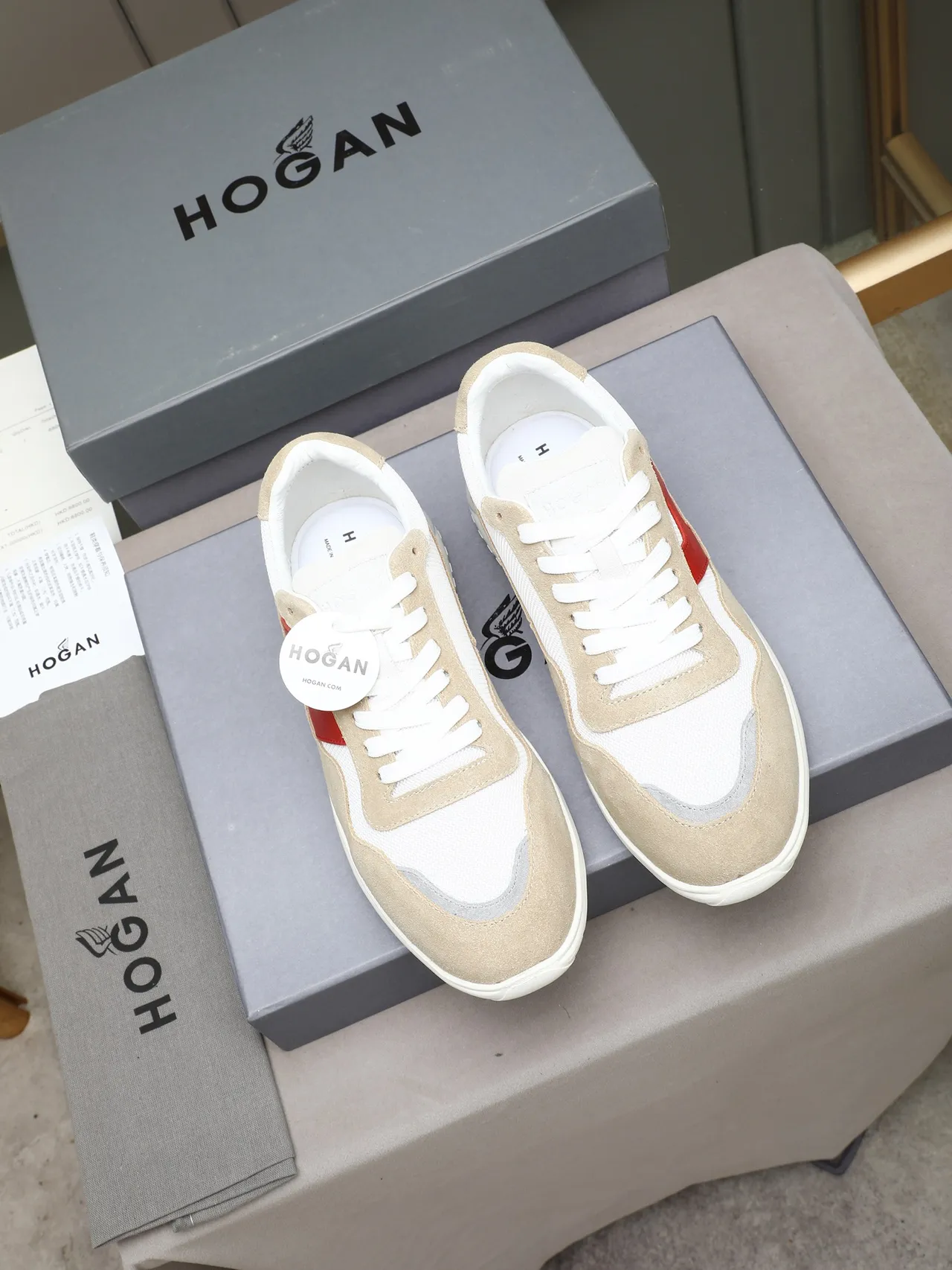 Hogan Beige Red Suede And Mesh Upper Bold 'H' Logo Panel Lifestyle Sneakers