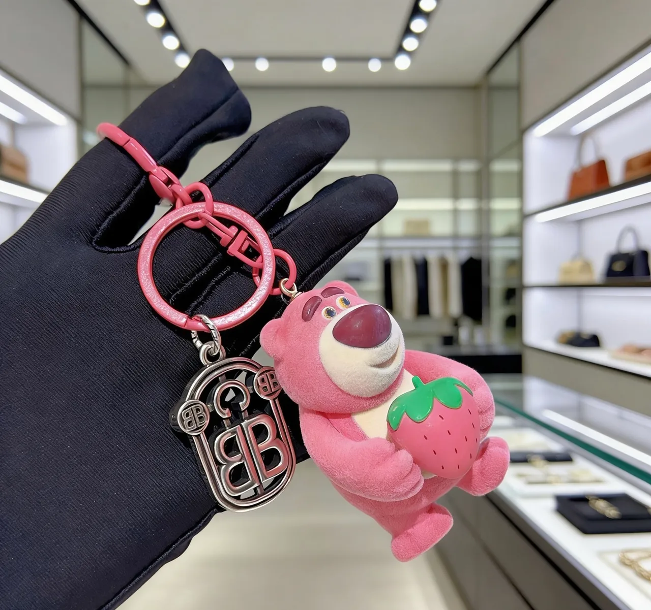 Pink Green Plush Bear Figure Holding Strawberry Phone Accessory