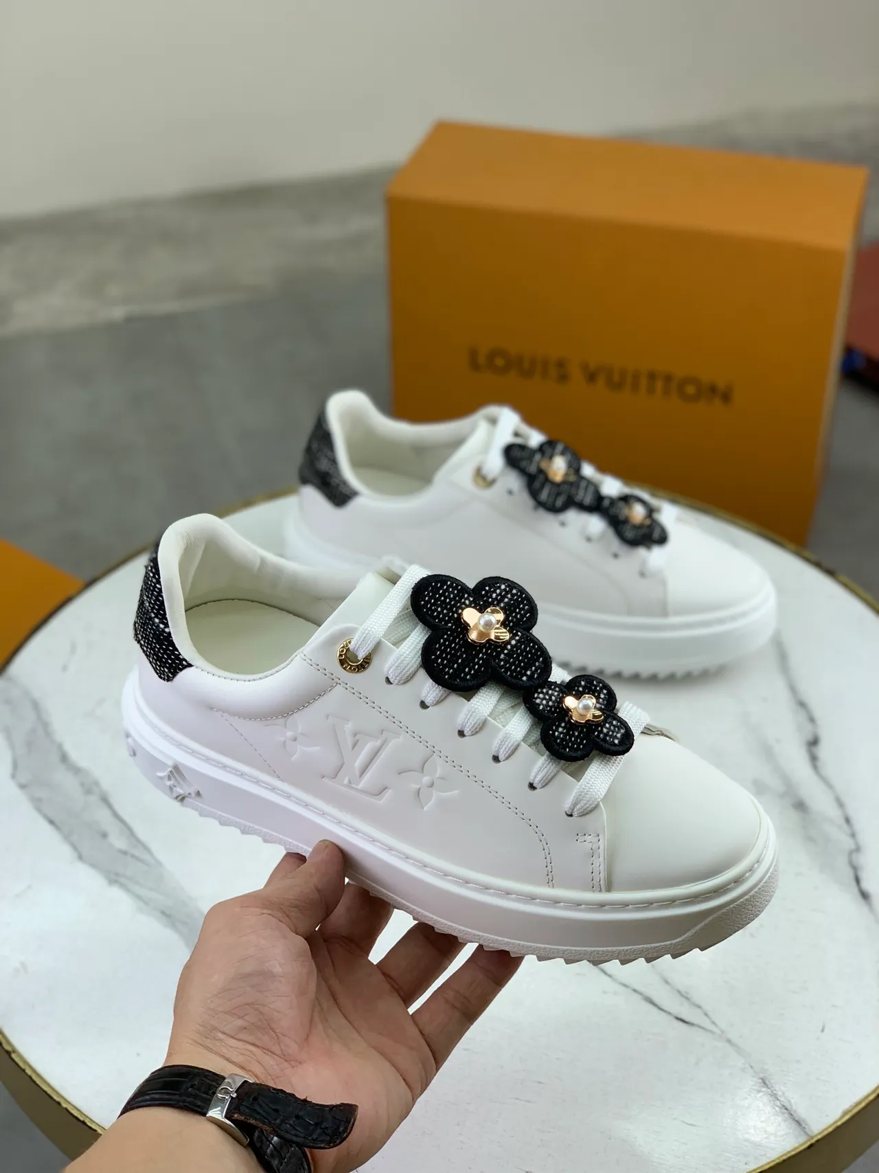 Louis Vuitton White Black Embossed Monogram Floral Lace Charms Lifestyle Sneakers
