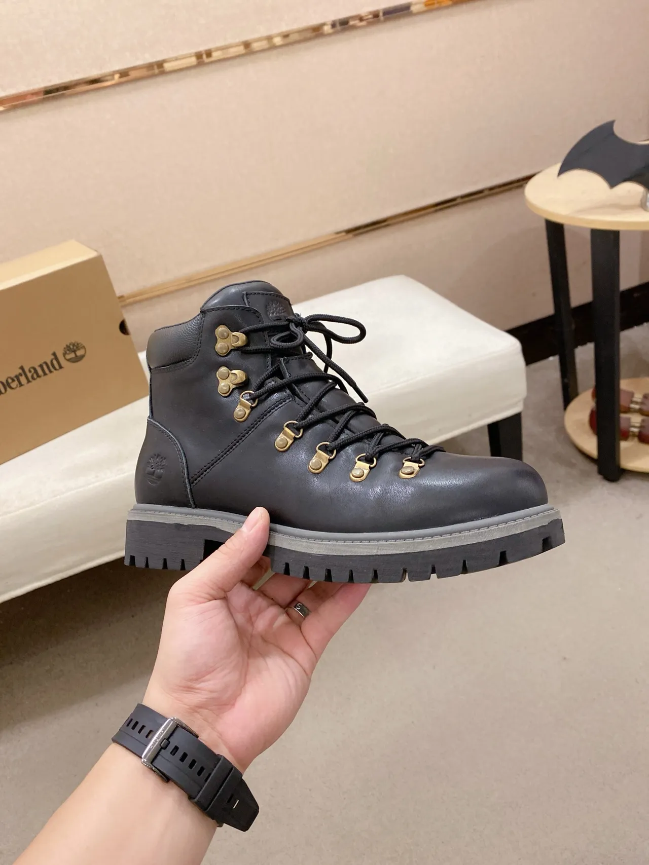 Timberland Premium 6-Inch Black Gray Leather Brass Hardware Work Boots