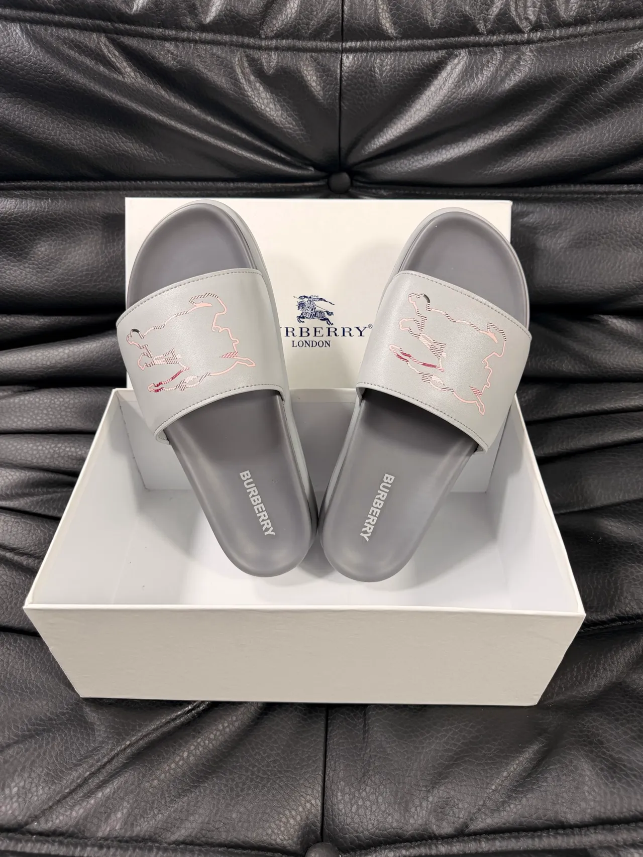 Burberry Knight Slide Gray Embroidered Equestrian Motif Slippers