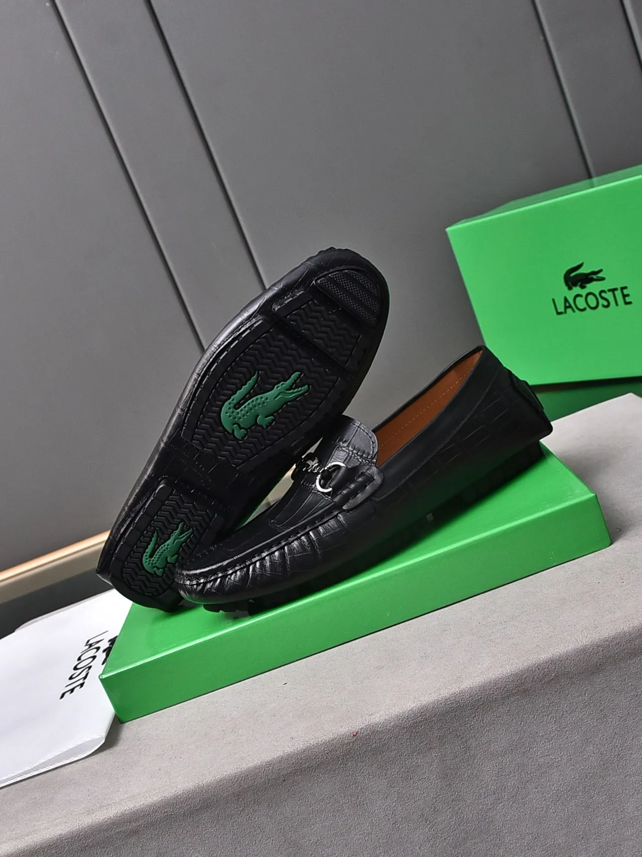 Lacoste Horsebit Loafer Black Croc-Embossed Leather Loafers