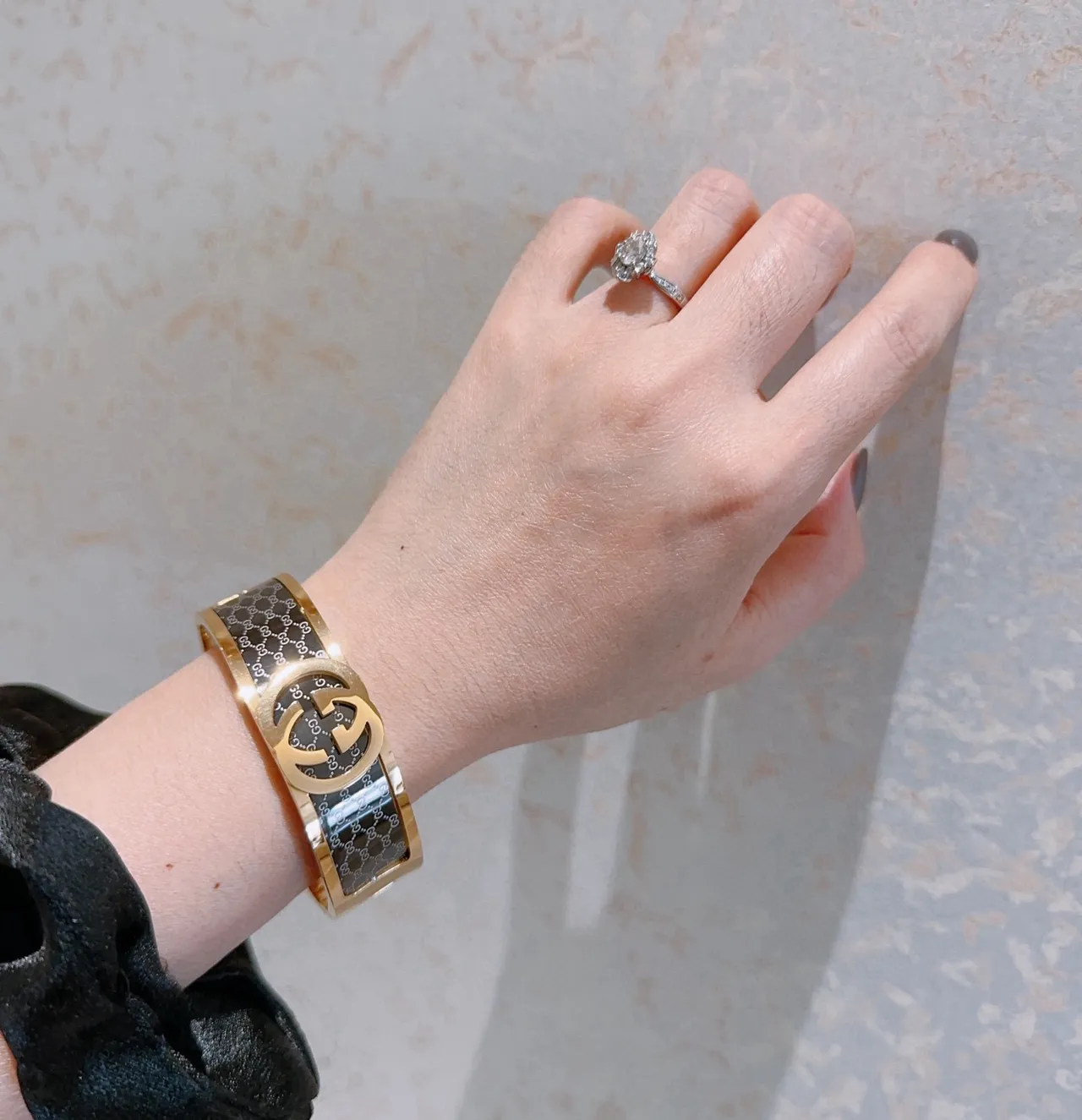 Gucci Interlocking G Monogram Black Enamel Gold-Tone Bracelet
