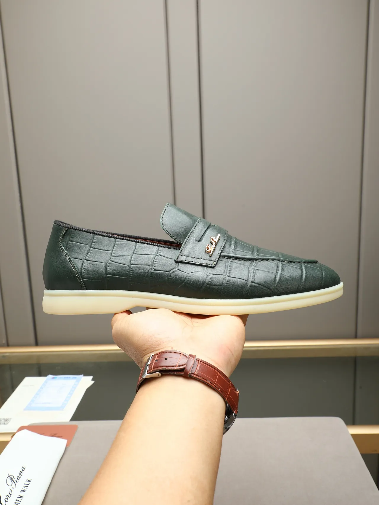 Green Beige Croc-Embossed Leather Metal Logo Plaque Strap Loafer