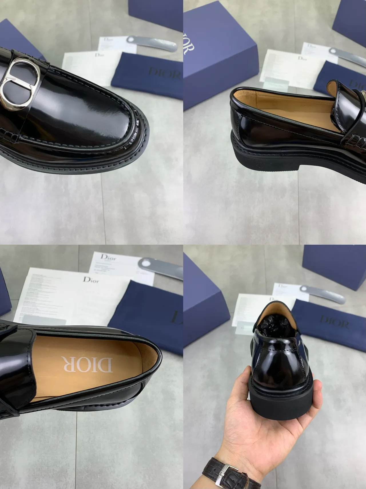 Dior Black Silver Patent Leather D-Shaped Buckle Loafer