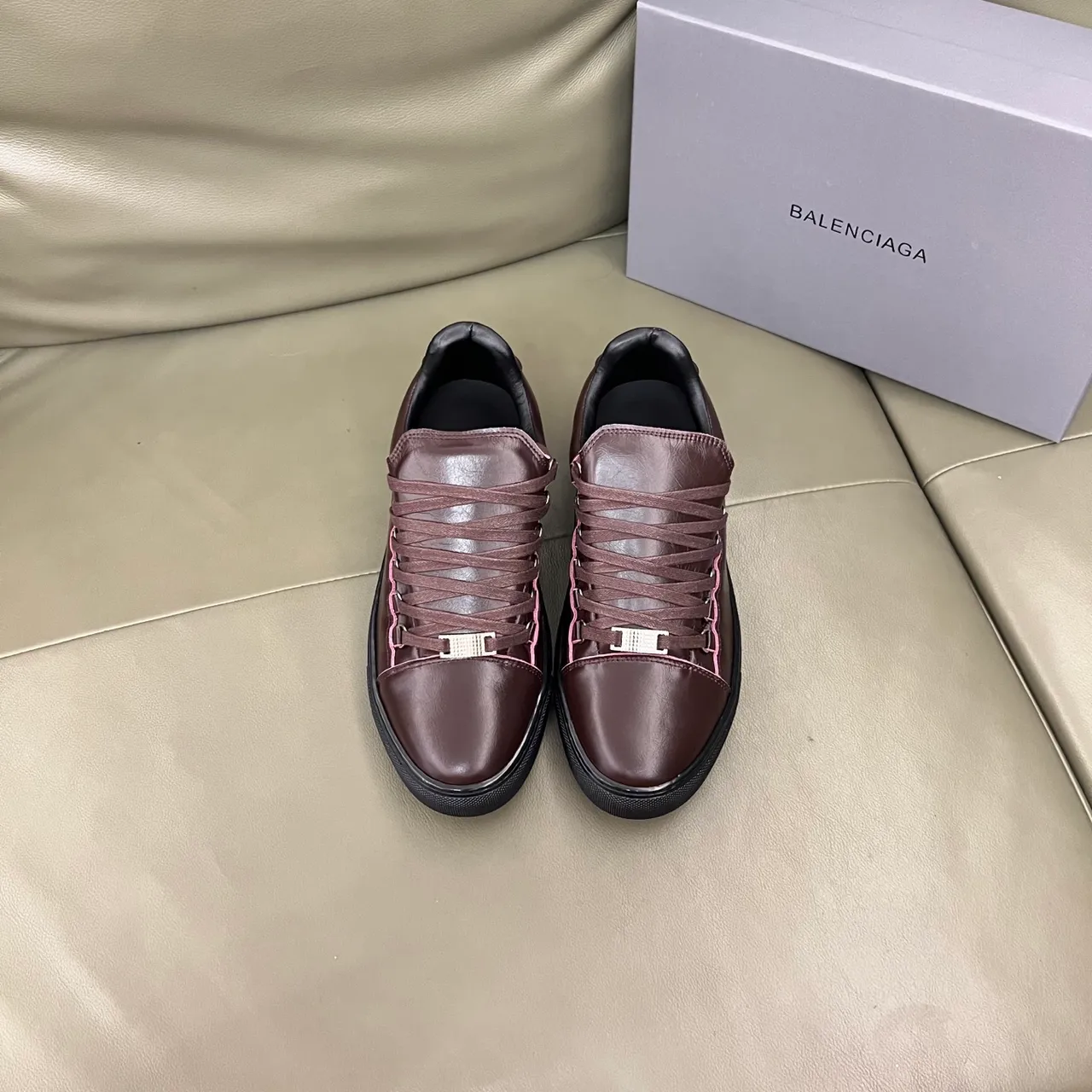 Balenciaga Brown Pink Leather Upper Contrast Piping Lifestyle Sneakers