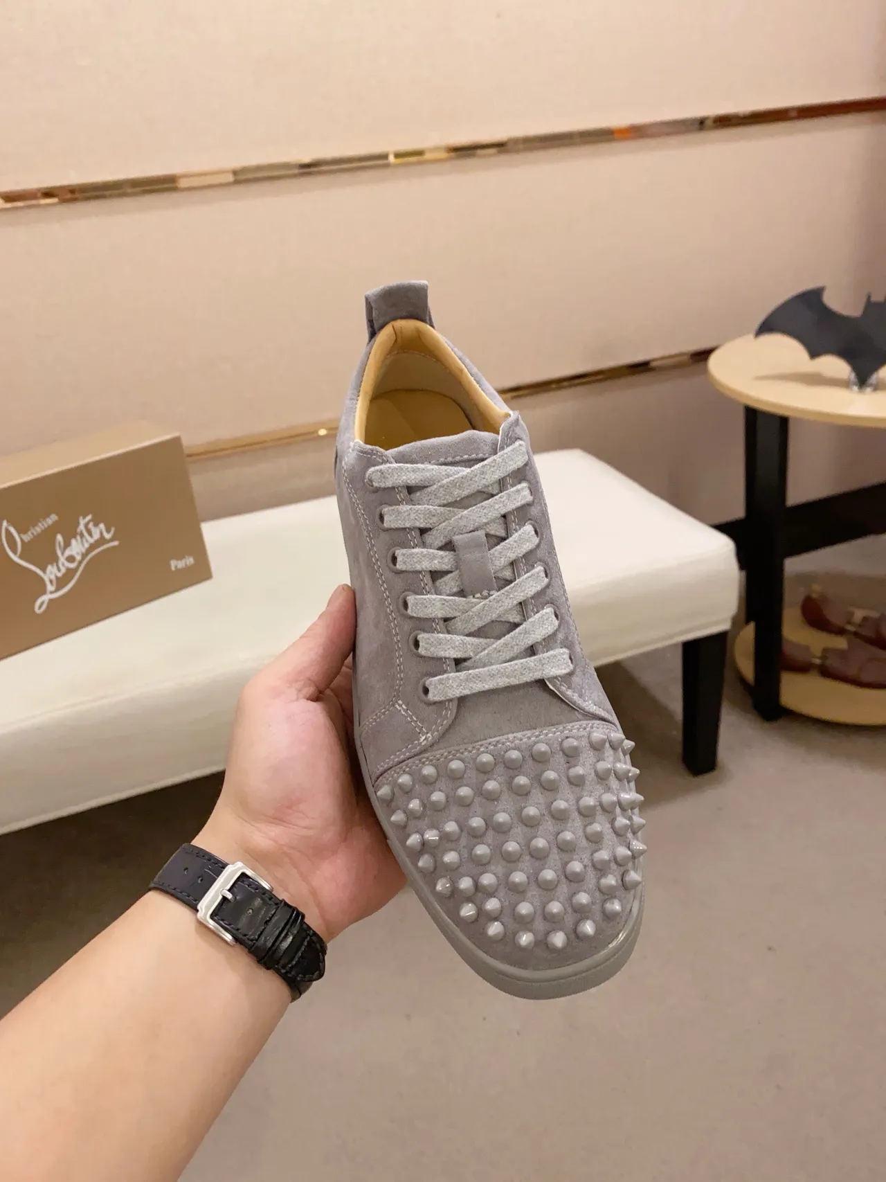 Christian Louboutin Gray Beige Suede Upper Spiked Toe Cap Lifestyle Sneakers