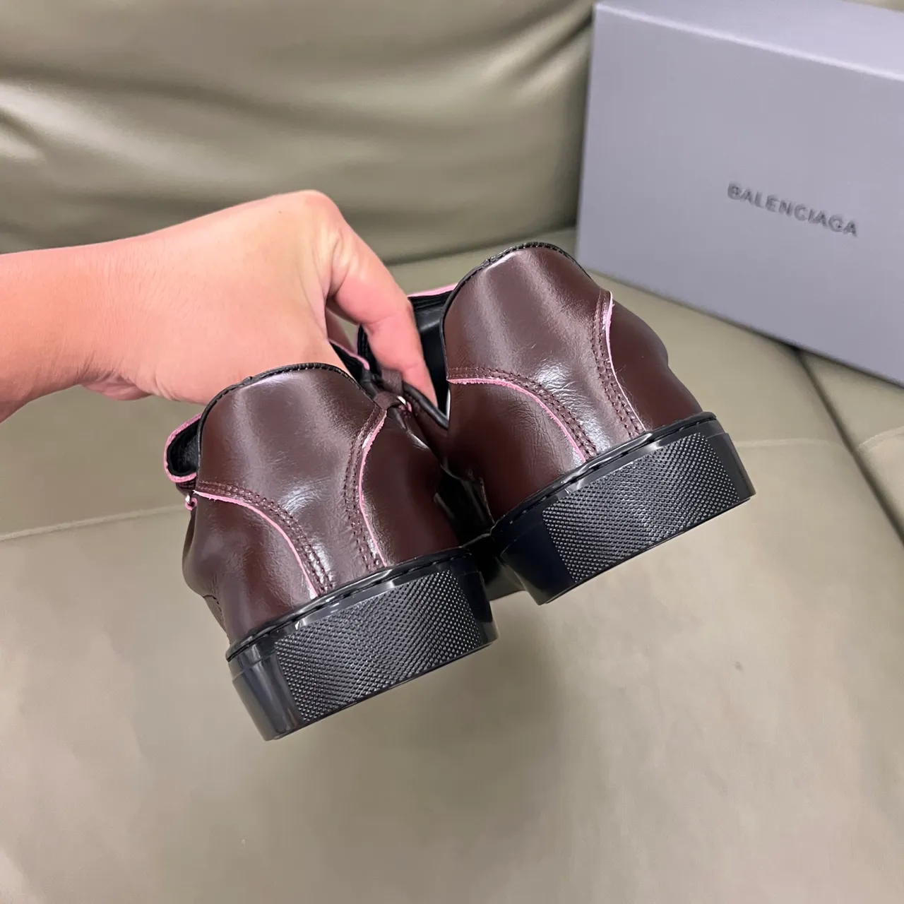 Balenciaga Brown Pink Leather Upper Contrast Piping Lifestyle Sneakers
