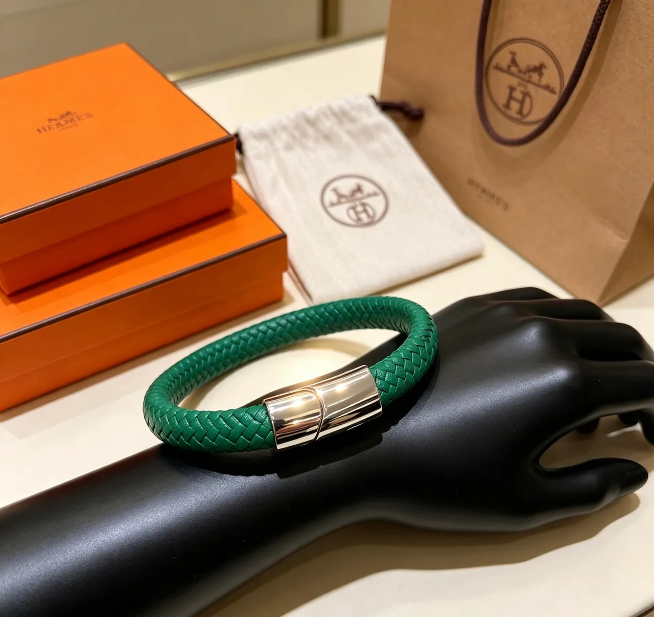 Hermès Green Silver Braided Leather Magnetic Clasp Bracelet