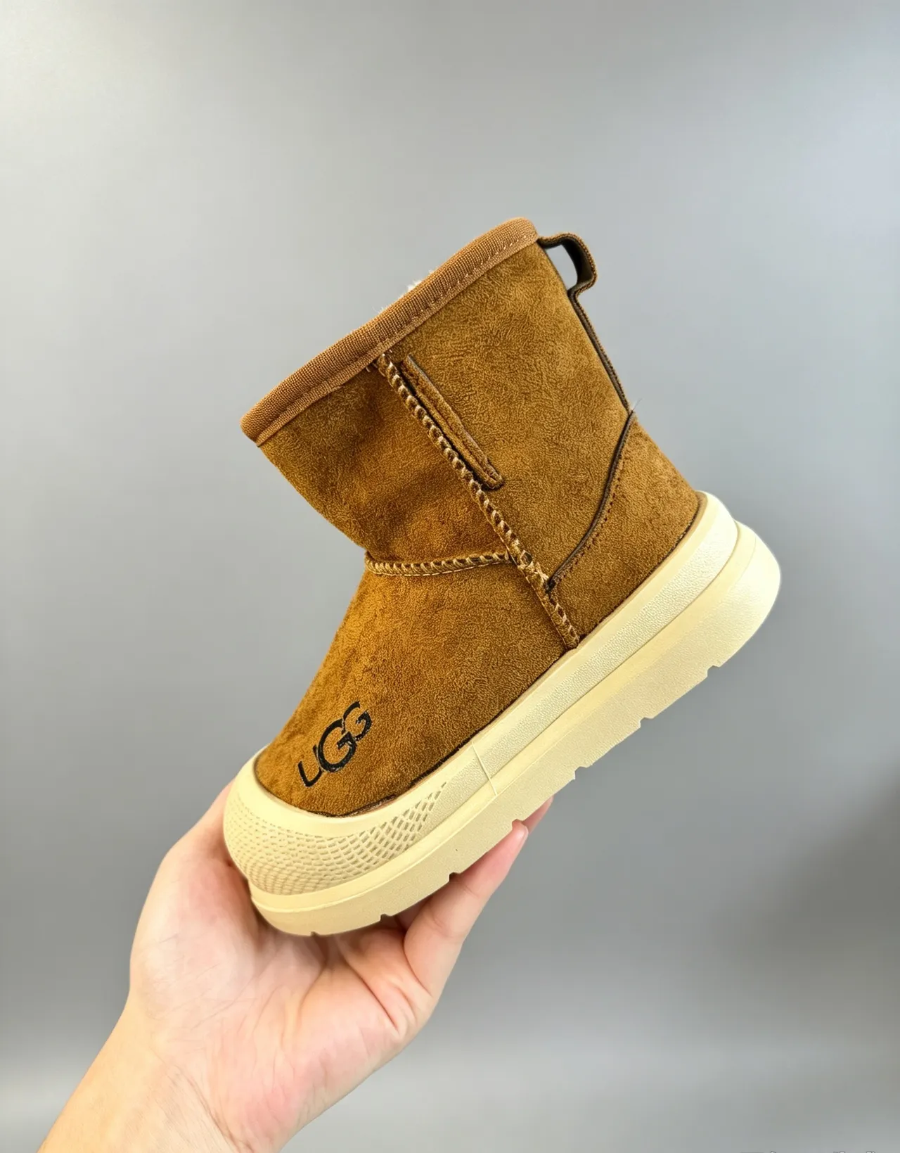 UGG Brown Beige Suede Upper Pull Tab Snow Boots